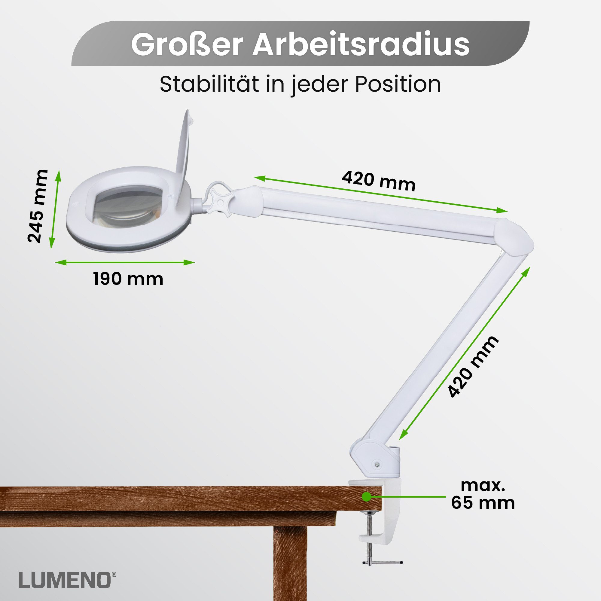 Lumeno Lupenlampe 861XGR Lupenleuchte Lupenlampe mit ovaler Echtglaslinse kristallklar, LED fest integriert, Kaltweiß, 6500 K
