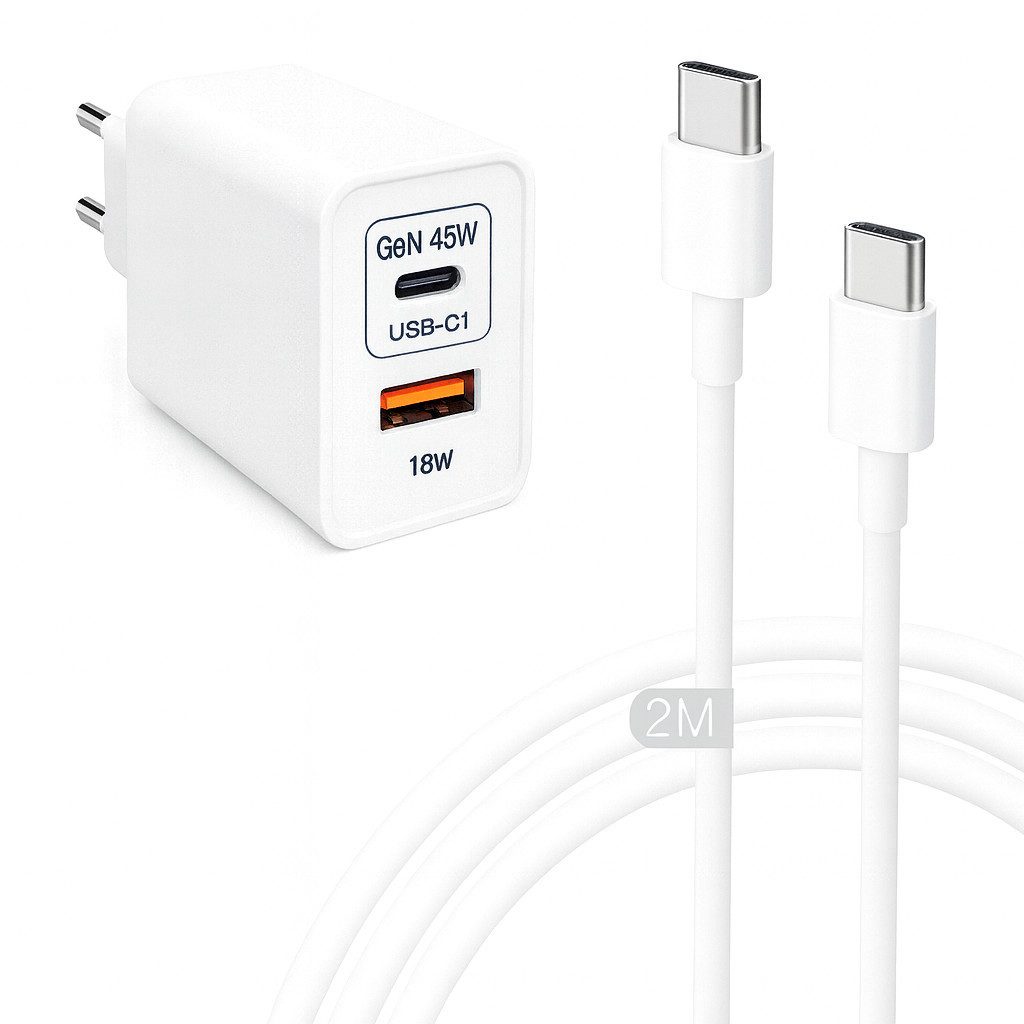 Alpha Electronics 45w Ladegerät USB C Charger Smartphone-Ladegerät (3000 mA, Spar-Set, 2-tlg., Universelle Kompatibilität, Handy Tablet + 60W USB-C Ladekabel 1m 2m, Huawei, Samsung, Apple, Xiaomi, Google Schnellladegerät)
