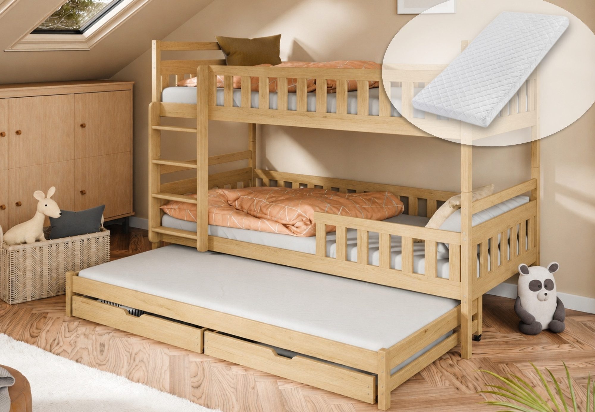 Kids Collective Etagenbett Hochbett Stockbett Kinderbett 90x200 cm mit Ausziehbett und Schubladen (Umbaubar zu 3 Einzelbetten), mit drei Matratzen Lattenrosten & Rausfallschutz natur