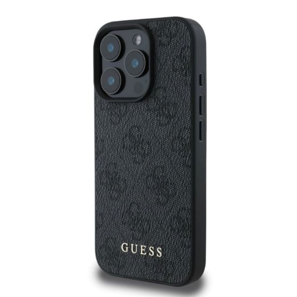 Guess Handyhülle iPhone 16 Pro Kunstleder grau Muster Logo goldfarbig 6,3 Zoll, Kantenschutz