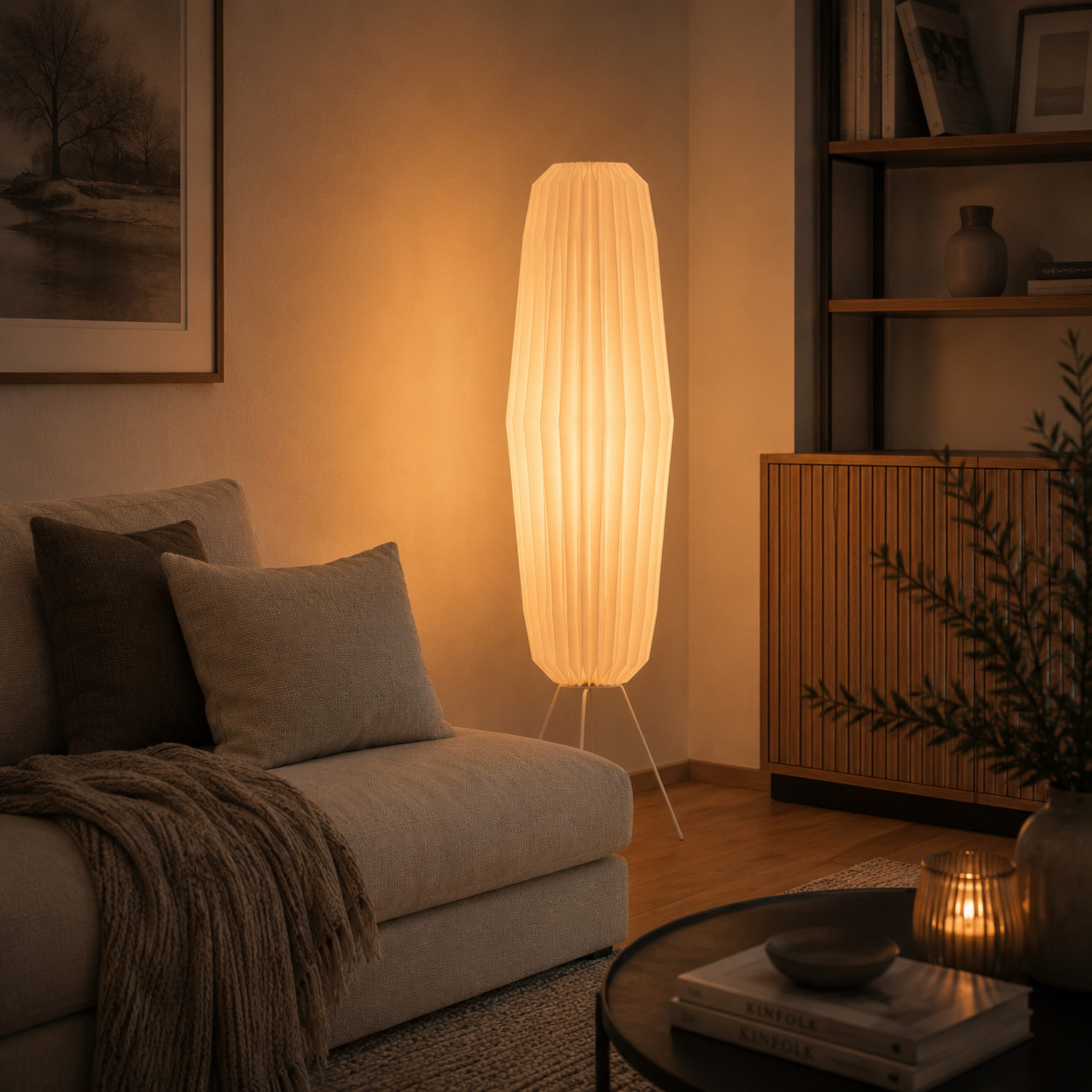 Lightbox Stehlampe, ohne Leuchtmittel, Dreibein Stehlampe, 110 cm Höhe, E27, max. 20 W, Papier/Metall, weiß