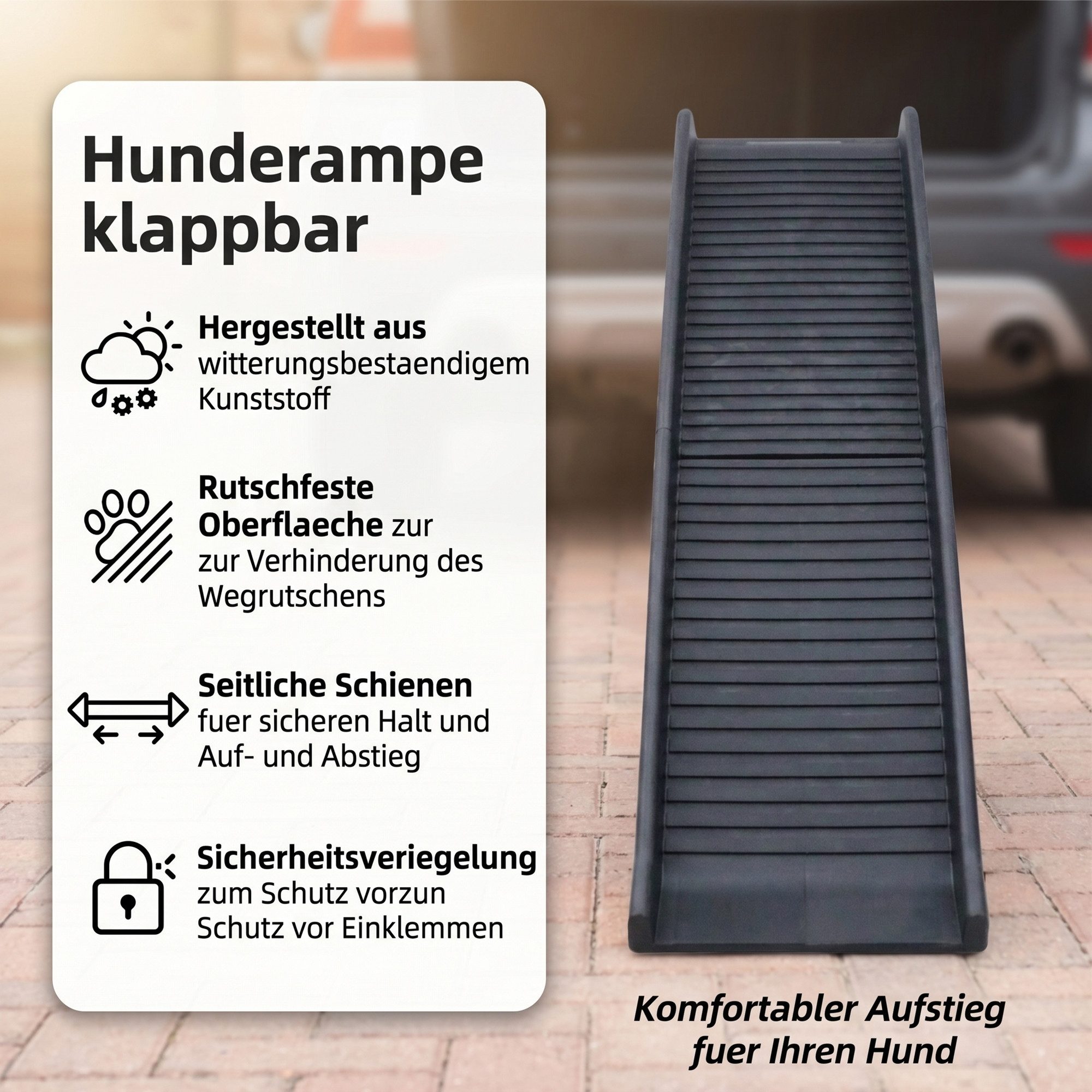 Mucola Hunderampe Hundetreppe klappbar – Einstiegshilfe für Hunde bis 90 kg, rutschfest (Stück), klappbar, rutschhemmende Lauffläche, belastbar bis 90 kg