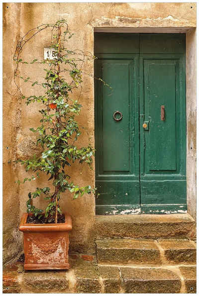Wallario Sichtschutzzaunmatten »Grüne alte Holz-Tür in Toskana mit alter Steinwand und Steintreppe«