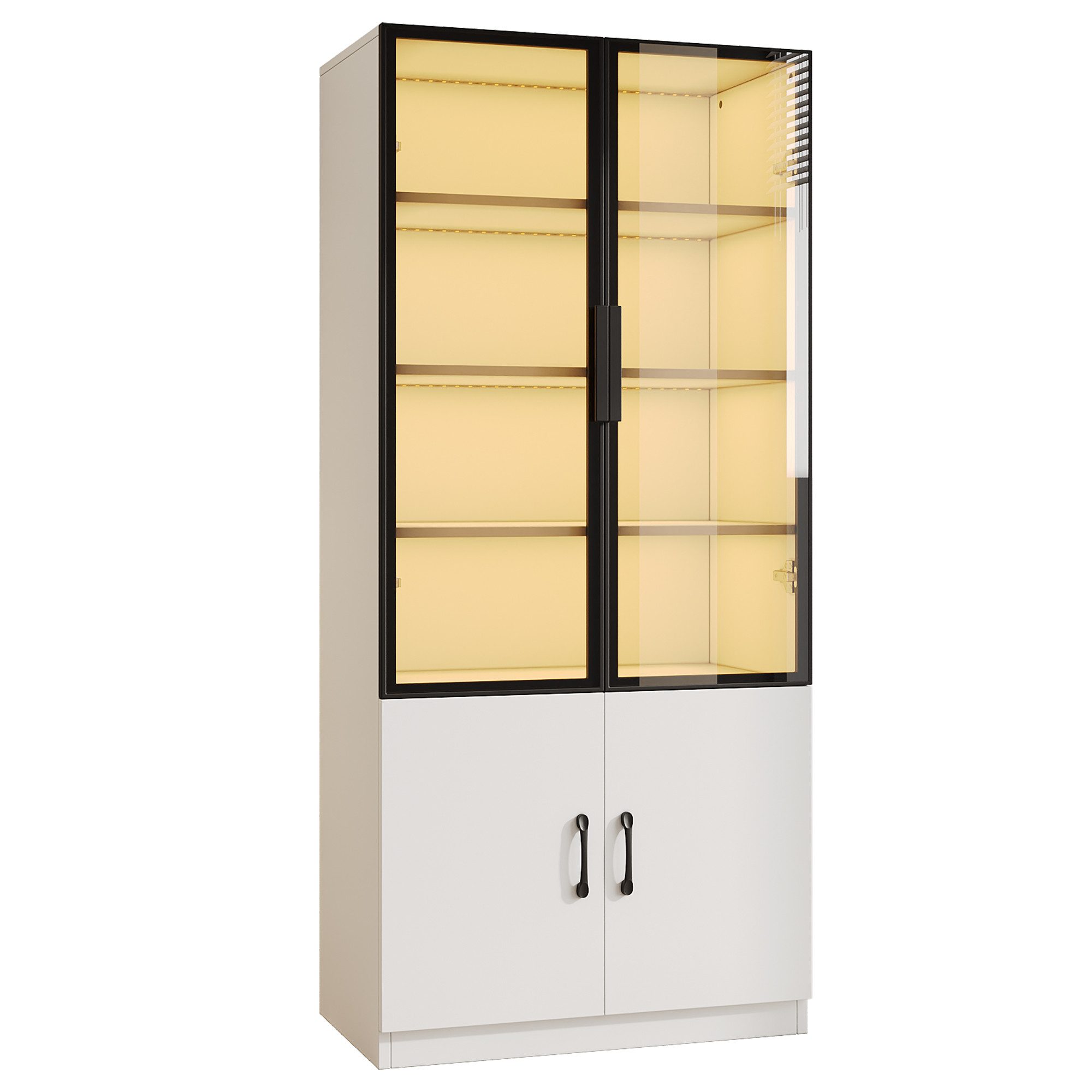 Flieks Glasvitrine multifunktionaler Hochschrank mit LED-Beleuchtung, 2 Glastüren (1-St., 60x40x160 cm) Vitrinenschrank Bücherregal Wohnzimmer Sideboard Weiß