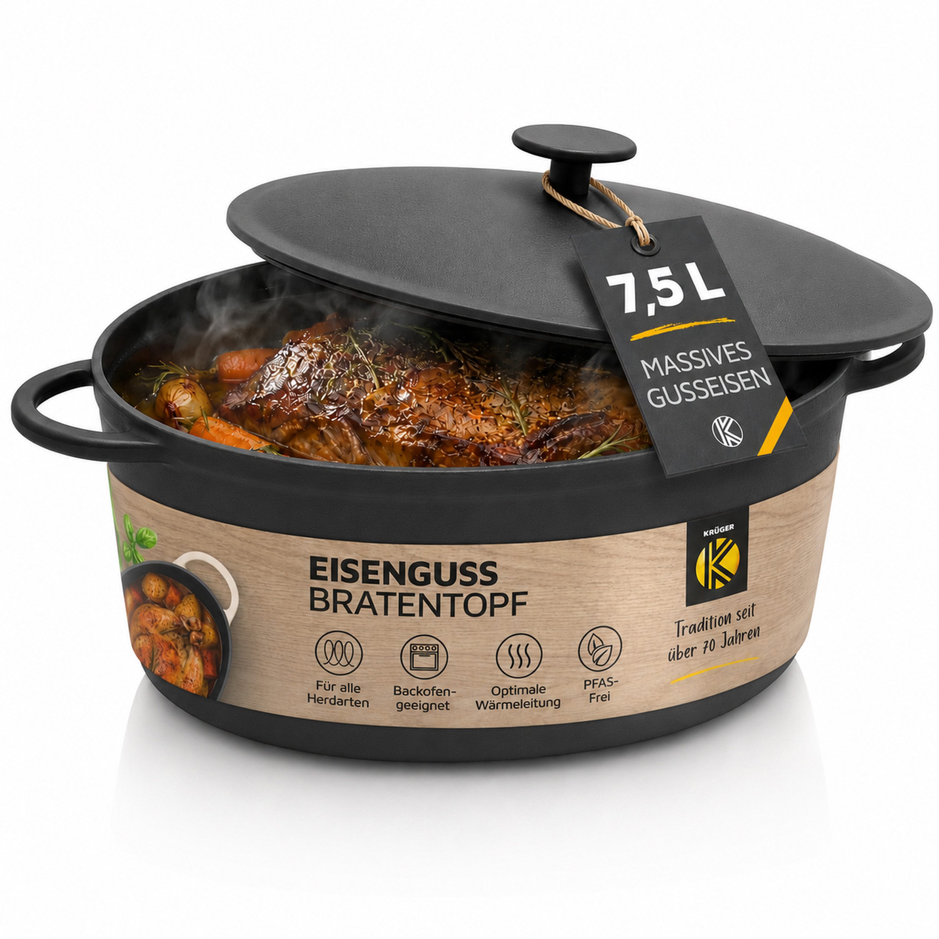 Krüger Bräter Eisenguss Gansbräter mit Deckel RUSTICA, 34 x 27 x 12,5 cm, Gusseisen (1-tlg), für Induktions-Kochfelder geeignet
