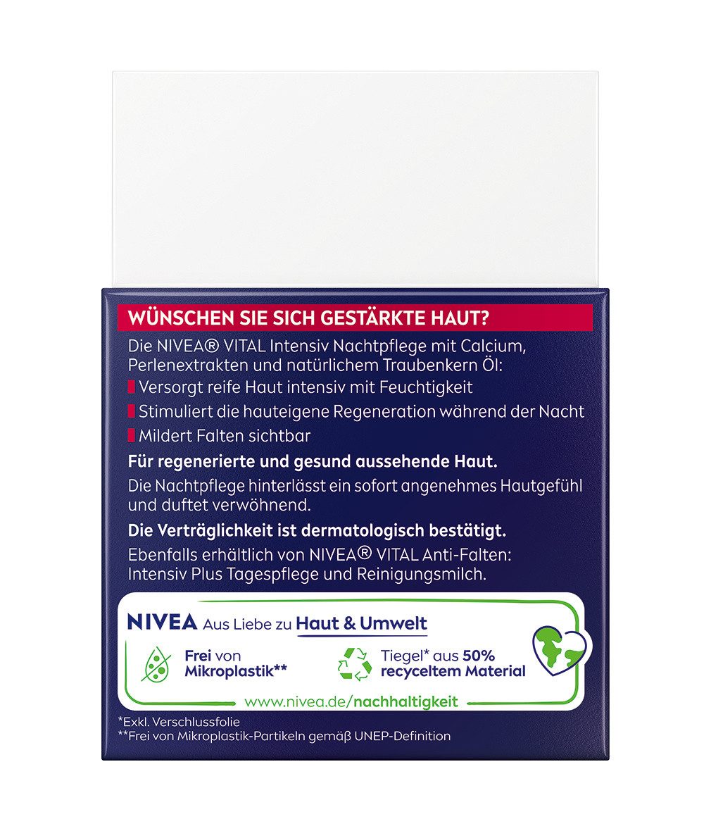 Nivea Nachtcreme VITAL Anti-Falten Intensiv reife Haut 2 x 50 ml, 2-tlg., Calcium, Perlenextrakte