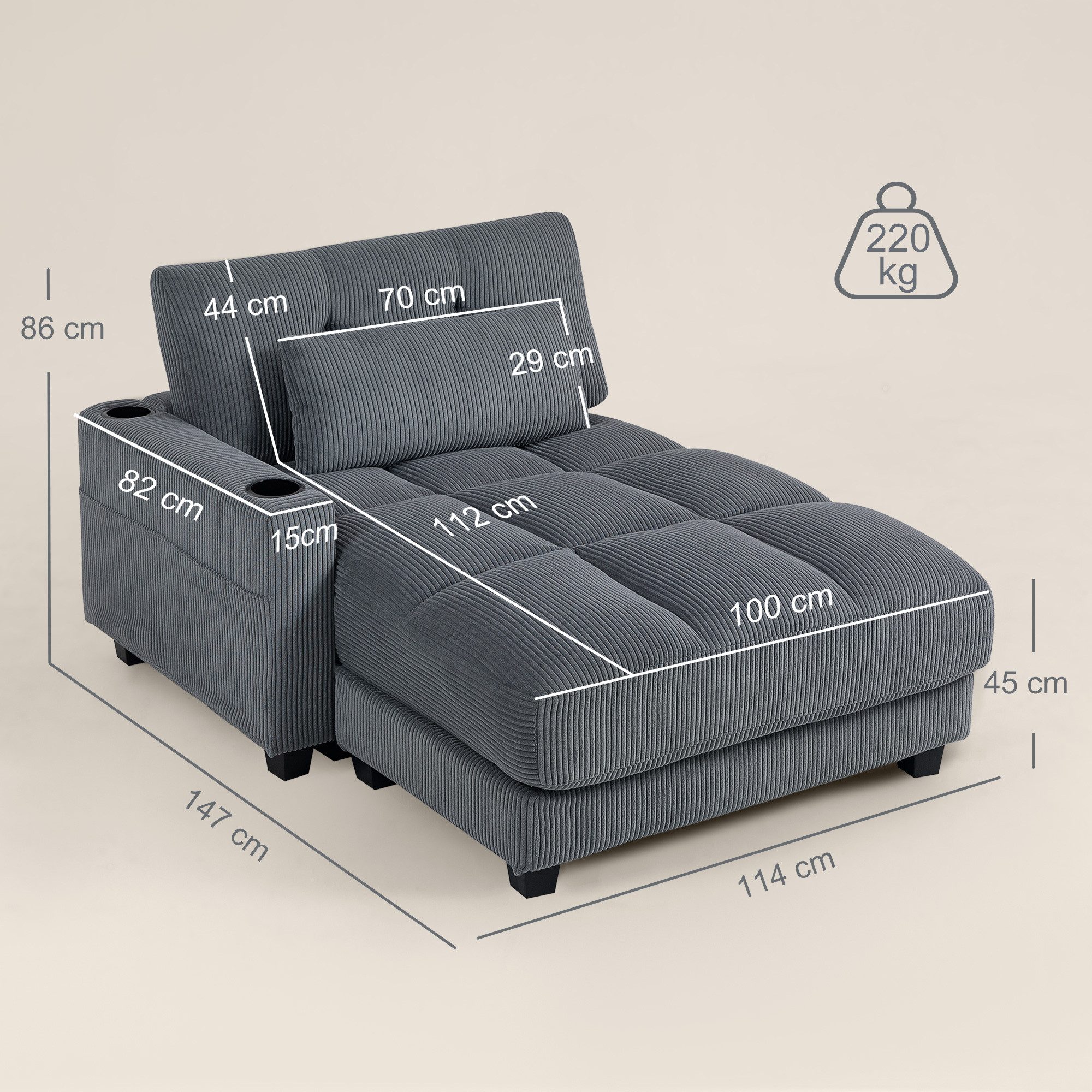 HOMCOM Schlafsofa Chaiselongue 2 Sitzer, Cord-Optik, Links/Rechts Armlehne, Sofa mit Schlaffunktion 1 Teile, für Wohnzimmer, Schlafzimmer, Dunkelgrau