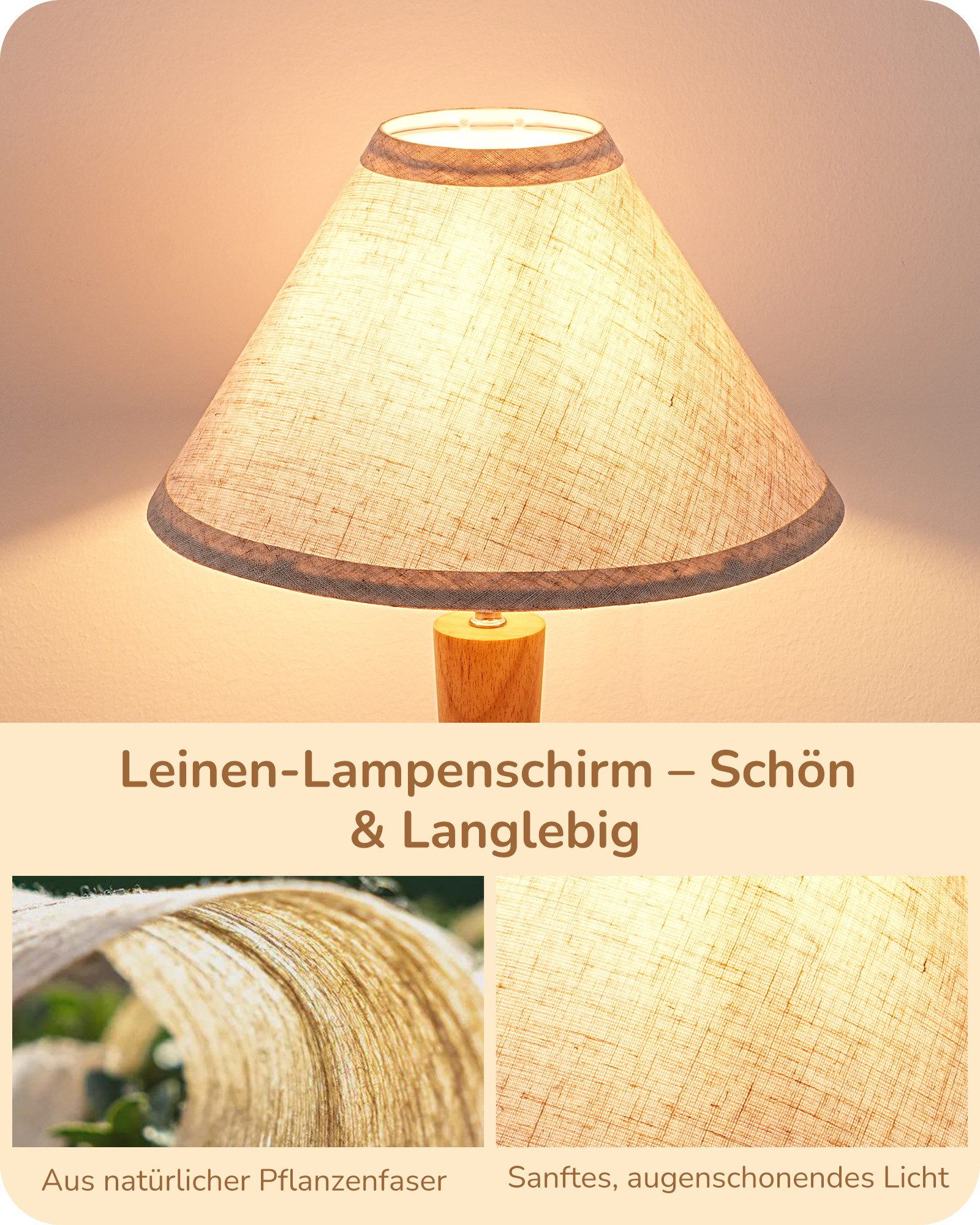 EDISHINE Nachttischlampe mit Massivholzsockel & Leinen-Lampenschirm, LED wechselbar, Warmweiß, Höhe 34 cm, inkl. 4W LED-Leuchtmittel, für Fensterbank, Geschenk – Bild 4 von 5