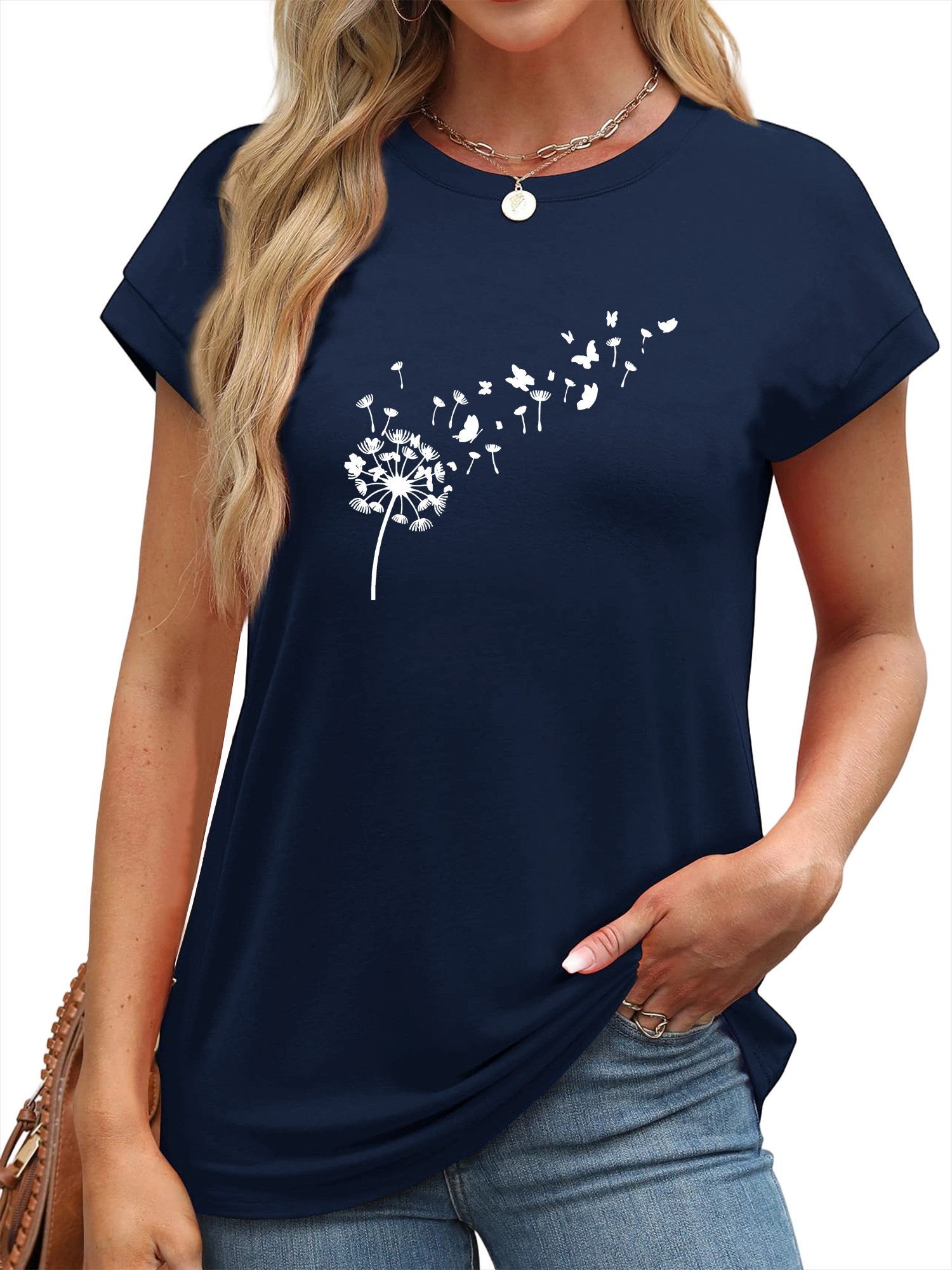 PYLIKE Rundhalsshirt Carmenshirt Damen Casual Löwenzahn Ausgefallene bequemes Sommershirt Modische Outfits Business Strand Urlaub Blusen Kleidung