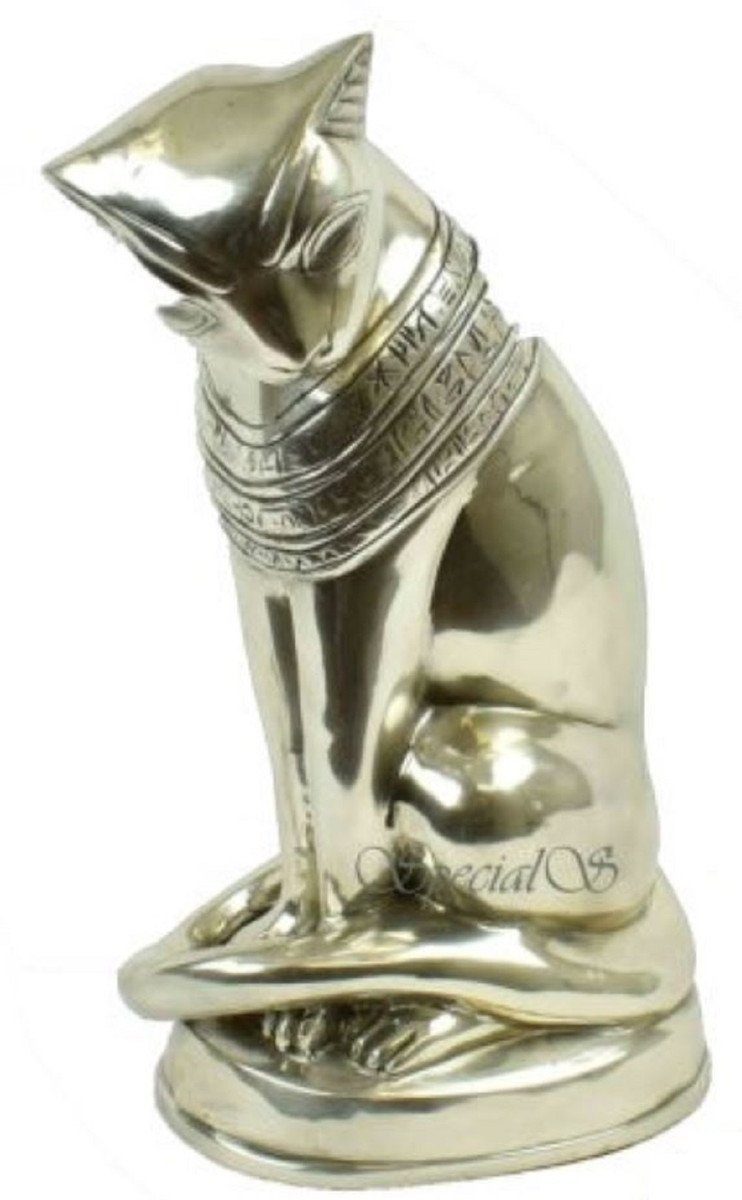 Casa Padrino Dekofigur Luxus Bronze Skulptur Ägyptische Katze Silber 23 x 16 x H. 47 cm - Versilberte Bronzefigur - Dekofigur - Wohnzimmer Deko