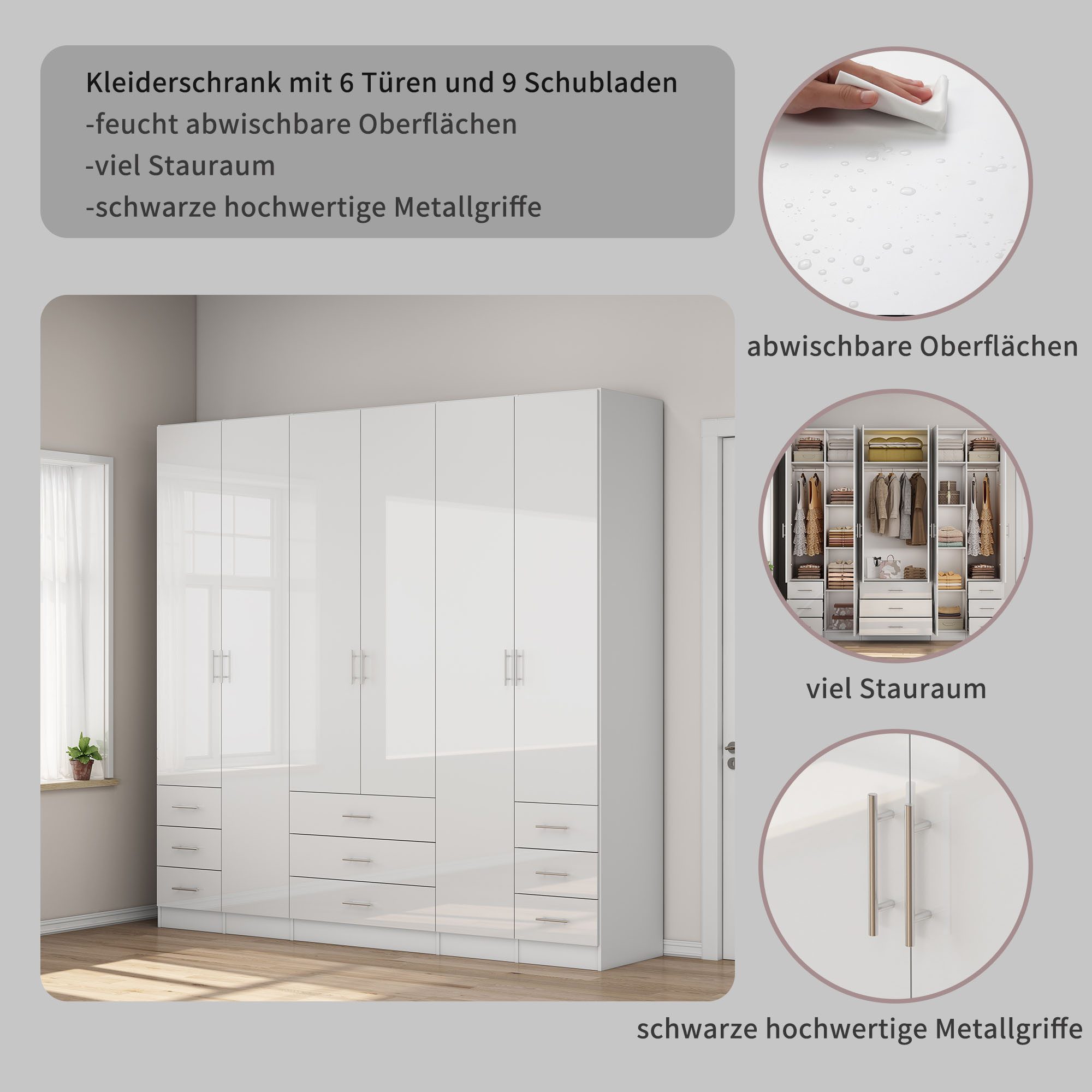 OTTO home Kleiderschrank Trento Schlafzimmerschrank Garderobe hochglanz (in 2 unterschiedlichen Schrankhöhen wählbar) Schrank mit 6 Türen und 9 Schubladen, Hochglanz-Fronten, 2,39m Höhe