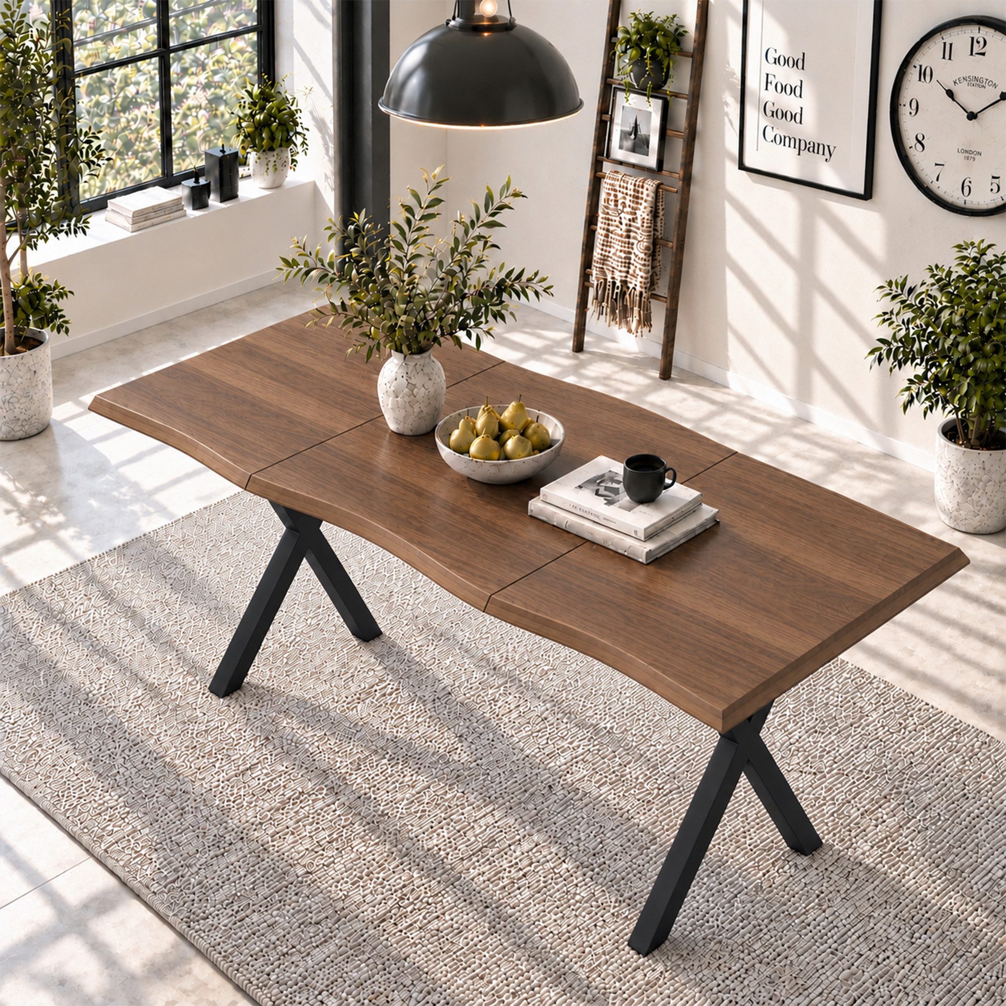 Flieks Esstisch Wellenförmiges Tischplattendesign, verdickte Tischplatte 2,8cm (160x78x77 cm, 1-St., 1 Tisch), rechteckig Schreibtisch Bürostisch Walnussholzfar – Bild 2 von 5