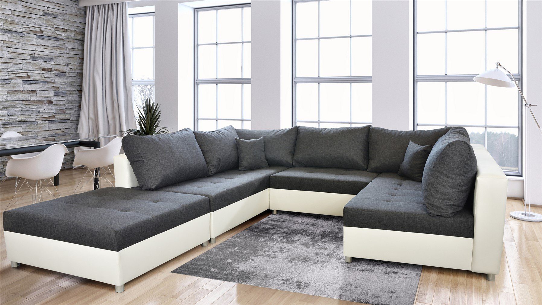 Fun Möbel Wohnlandschaft Wohnlandschaft Sofa U-Form ANDRO, Inkl. Schlaffunktion, Bettkasten und Hocker, Inkl. 2 Zierkissen und 7 Rückenkissen Weiß-Dunkelgrau