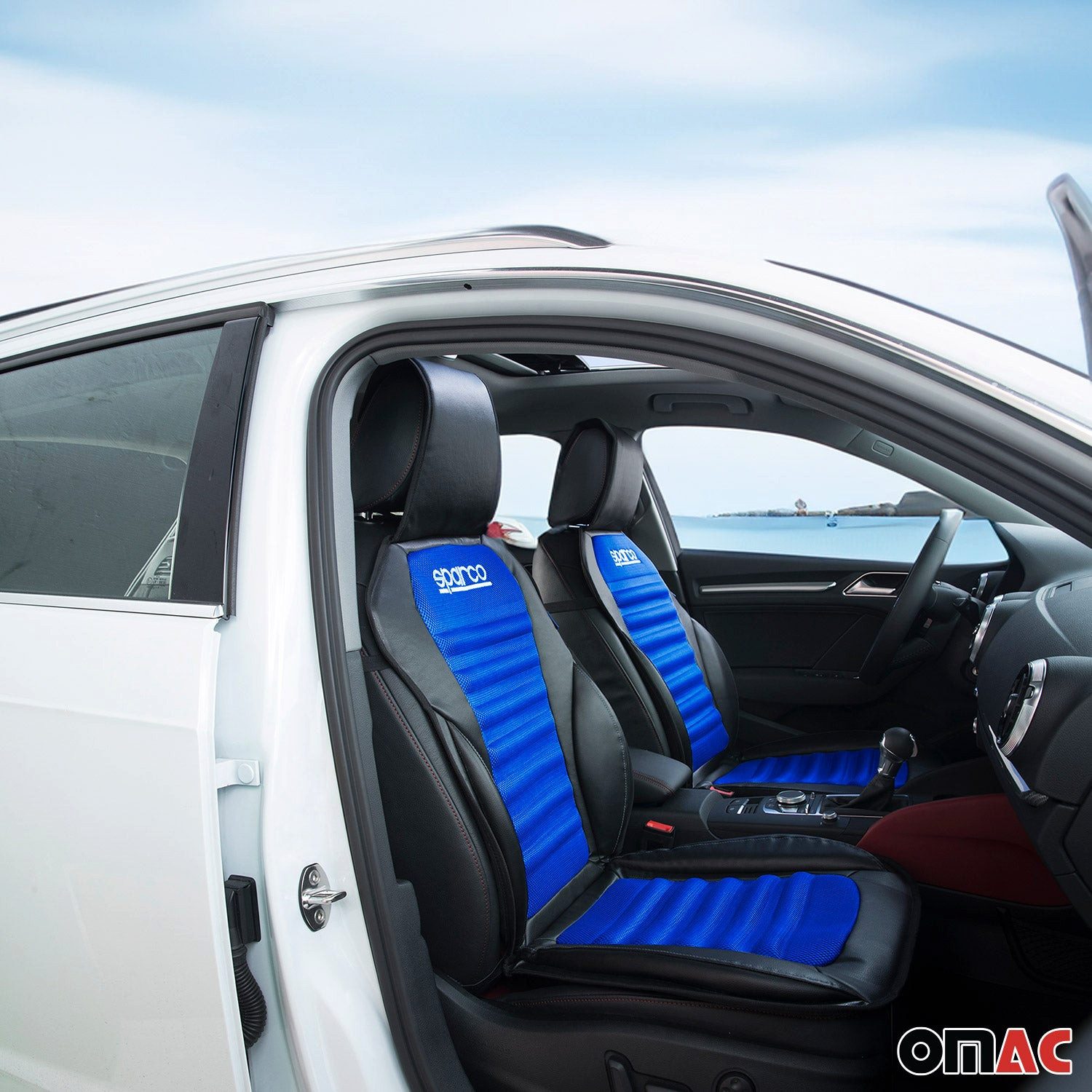 OMAC Autositzbezug SPARCO Sitzkissen Sitzauflage Universal Auto Sitzschutz Schwarz Blau, Atmungsaktiv, sportliches Aussehen, ergonomisch