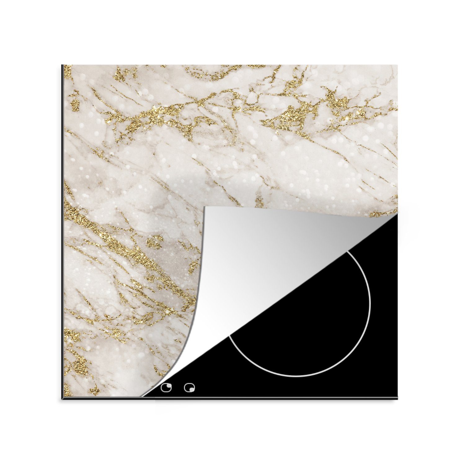 MuchoWow Herdblende-/Abdeckplatte Marmor (1 - - Ceranfeldabdeckung, Vinyl, Weiß Arbeitsplatte küche cm, tlg), - Gold, 78x78 für Muster