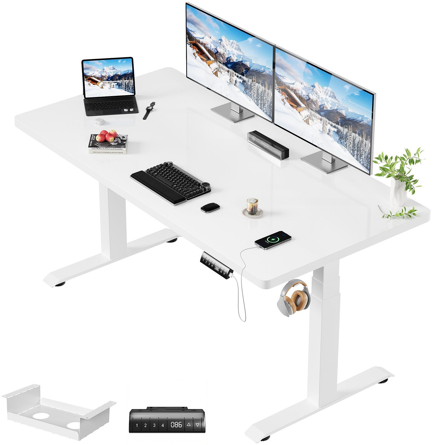 HOMALL Schreibtisch Höhenverstellbarer Einteilige Tischplatte 25mm Tragfähigkeit 100 kg (FSC-umweltfreundliche Zertifizierung, 4-fache Höhenspeicherfunktion & USB-Ladeport)