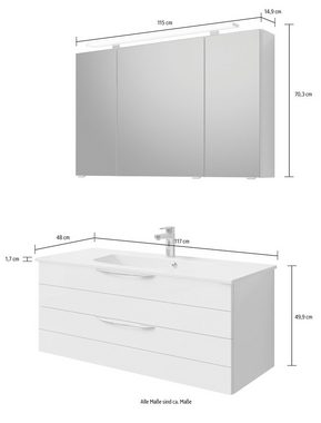 Saphir Badmöbel-Set Serie 6025 2-teilig Mineralmarmor-Waschtisch mit LED-Spiegelschrank, (2-St), Waschplatz 117cm breit, 2 Schubladen, 3 Spiegel-Türen, inkl Türdämpfer