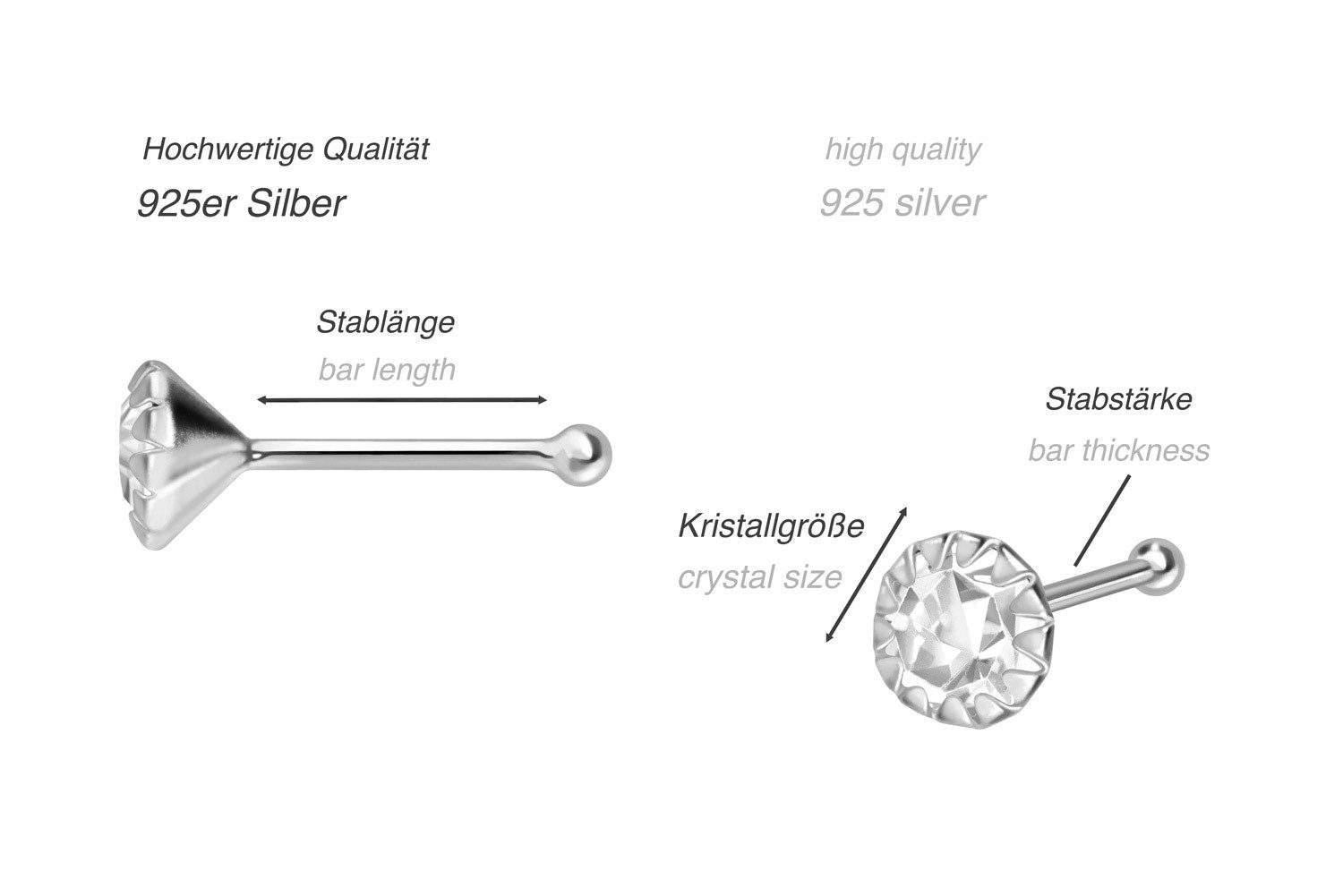 PIERCINGLINE Nasenpiercing 925er Silber Nasenstecker Pin EINGEFASSTER KRISTALL (Nasenstecker, 1-tlg)