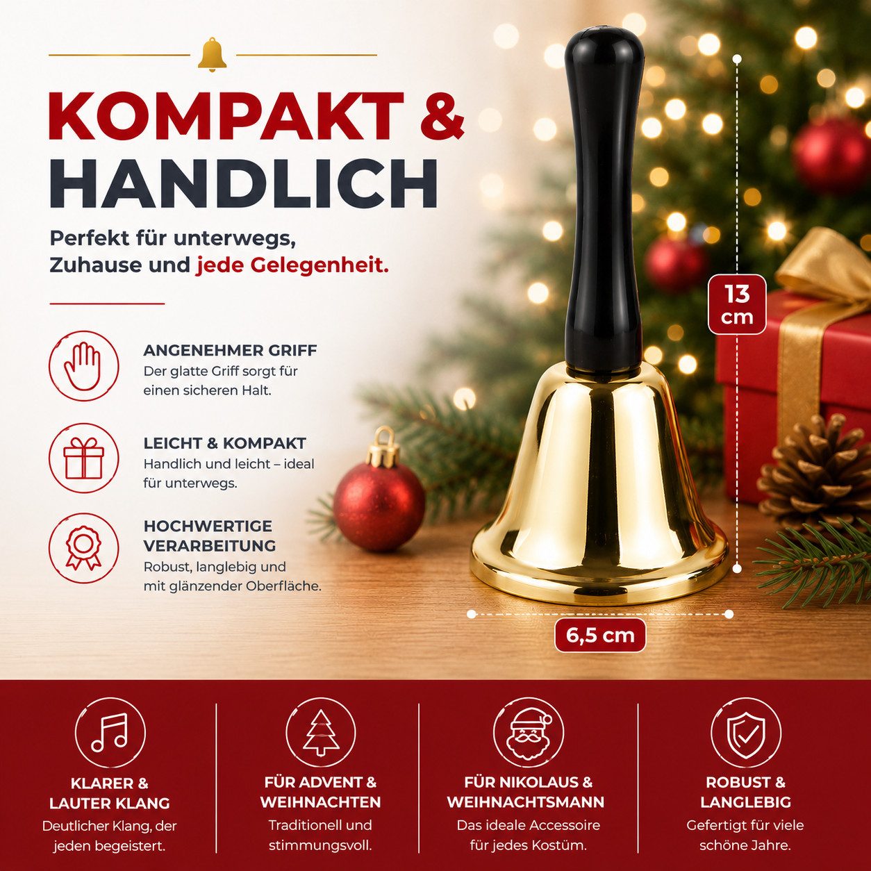 happymas Glocke Goldfarbene Nikolausglocke aus Metall mit Griff,Packung, 1-St. – Bild 5 von 5