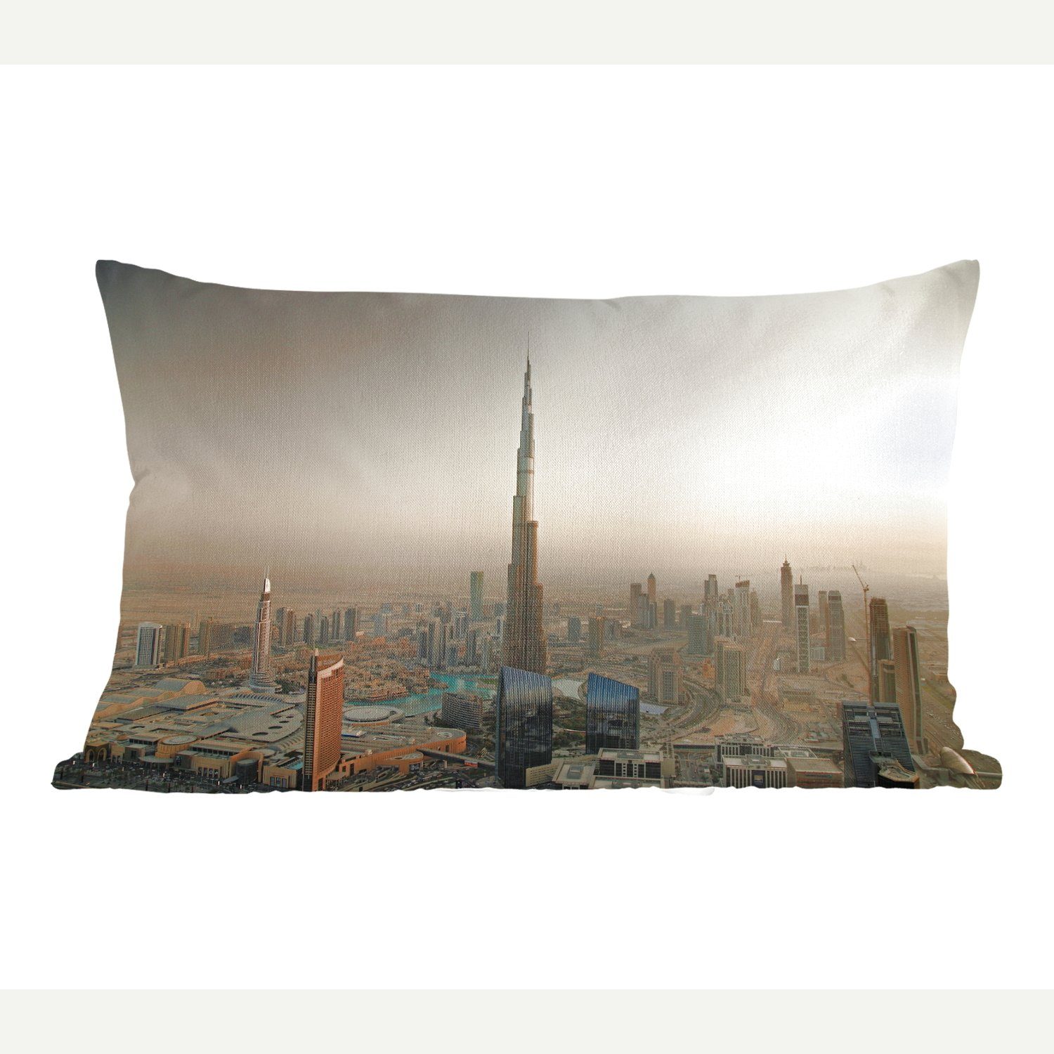 MuchoWow Dekokissen Sonnenuntergang hinter dem Burj Khalifa und Dubai, Wohzimmer Dekoration, Zierkissen, Dekokissen mit Füllung, Schlafzimmer