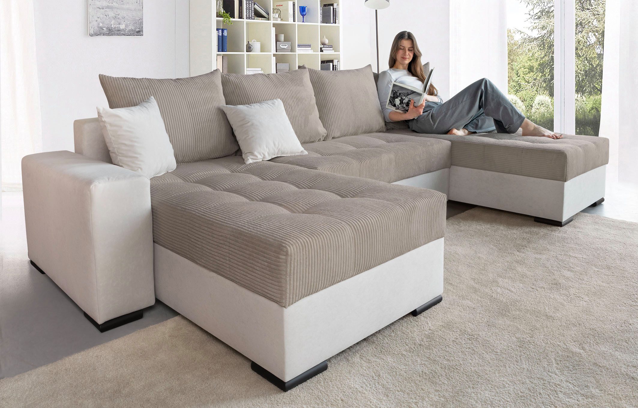 COLLECTION AB Wohnlandschaft Josy XL U-Form, B: 313 cm in Cord, Cord-Mix, Bettfunktion, Bettkasten & 2 Zierkissen, Federkern