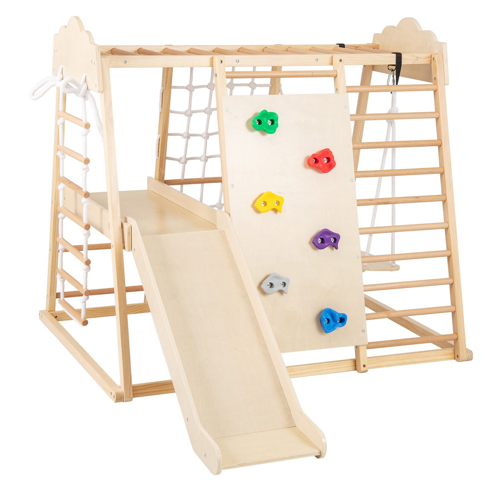 COSTWAY Klettergerüst, 8 in 1 hölzerne Kletterdreieck mit Rutsche & Schaukel, indoor