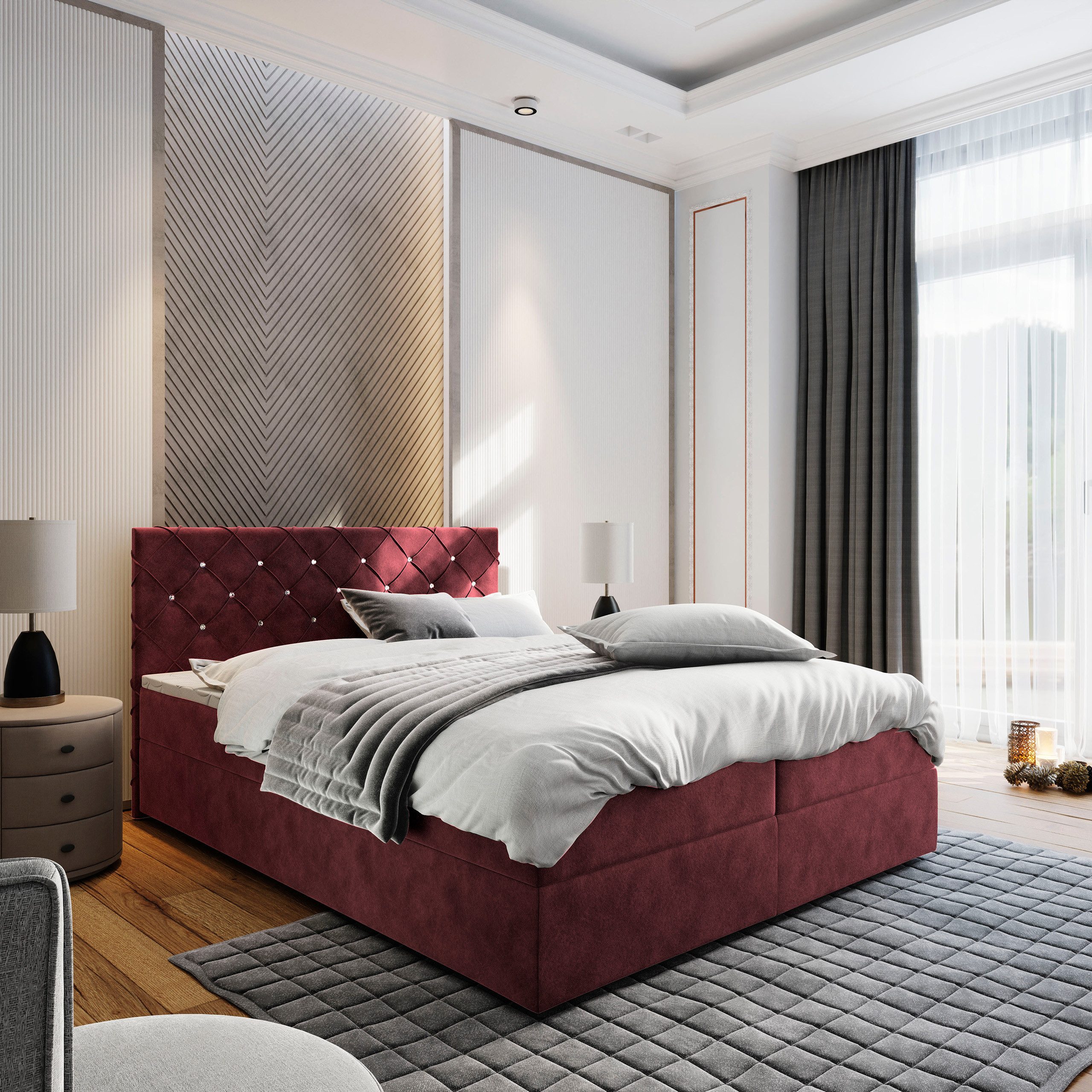 Masseno Boxbett RIVA 180x200 cm mit Bonell Matratze und Topper, Doppelbett, Polsterbett mit Kopfteil, Boxspringbett