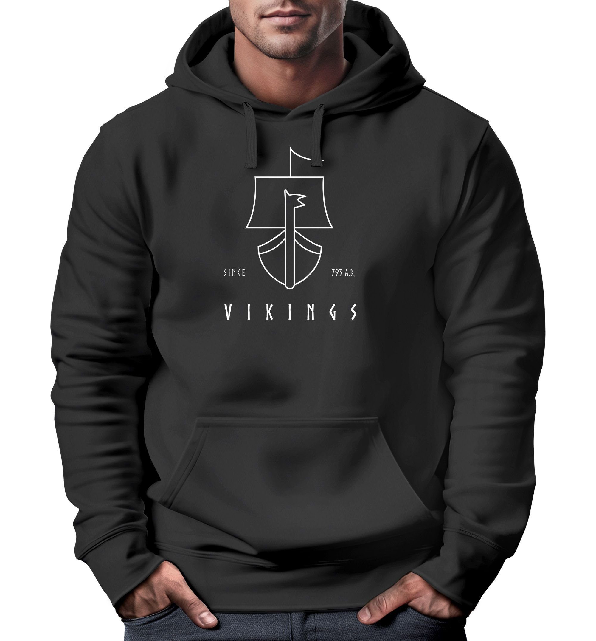 Neverless Hoodie Hoodie Herren Wikinger Schiff Vikings Lineart Kapuzen-Pullover Männer Neverless®