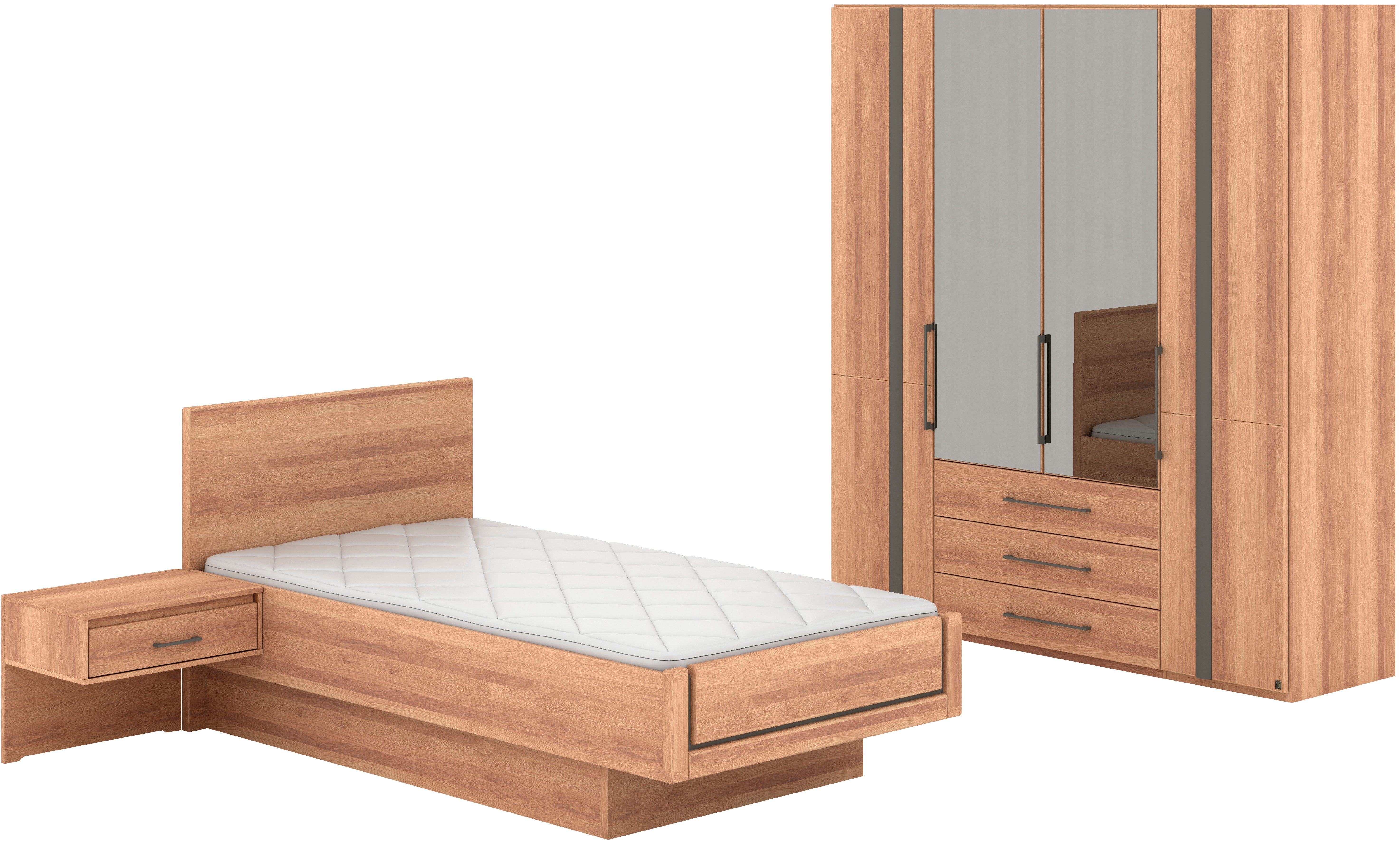 Musterring Schlafzimmer-Set Sorrent, Kleiderschrank, Bett & Nachtkommoden, teilmassiv Eiche, (2er-Set Nachtschränke, Drehtürenschrank 200 cm, Bett 100x200 cm), Schrank mit Türen und Schubkästen, Bett schwebende Optik, teilmassiv