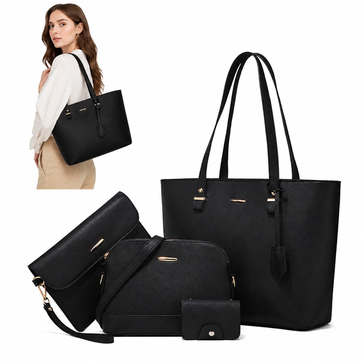 ibettertec Shopper Damen Taschen Set 4tlg Handtasche Shopper Umhängetasche Kartenetui (Elegantes 4-teiliges Taschenset für Damen – vielseitig kombinierbar), geräumig und perfekt für Alltag, Büro und Freizeit