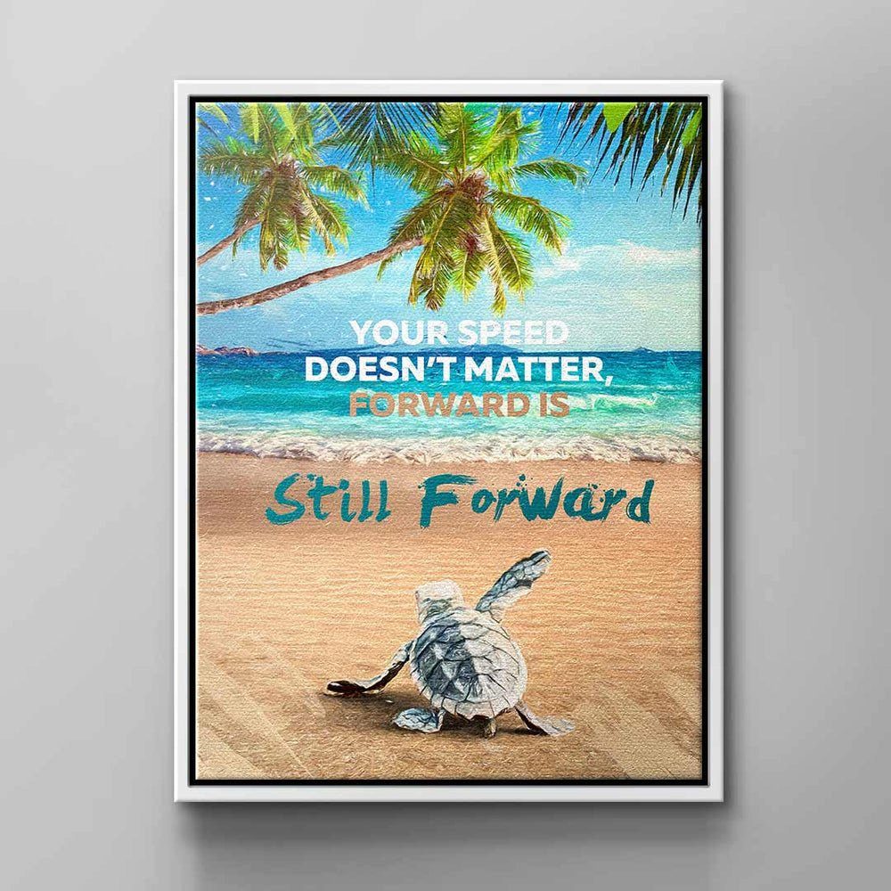 DOTCOMCANVAS® Leinwandbild, Englisch, Wandbild motivation schildkröte ozean vorwärts baum blau braun grün weißer Rahmen
