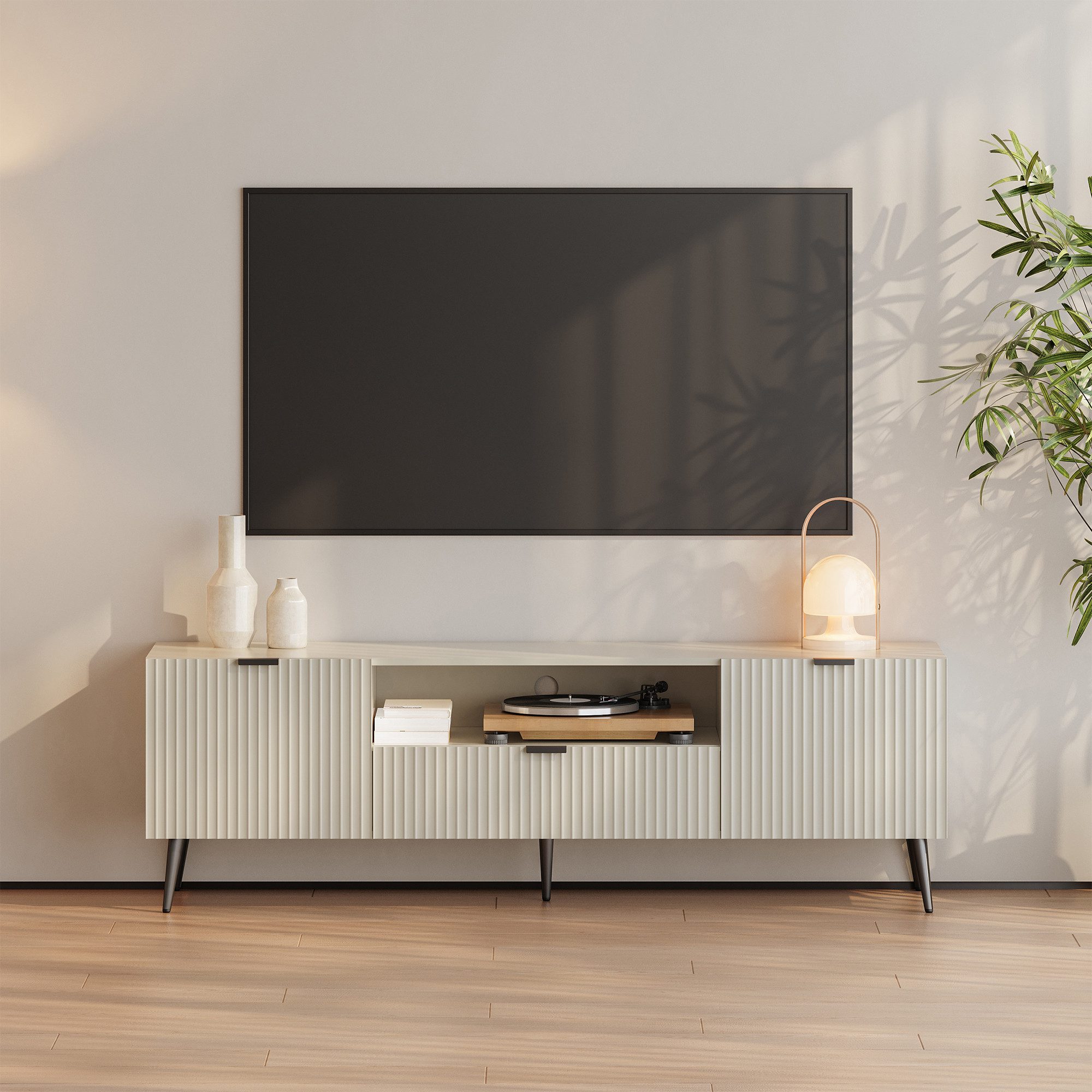 en.casa TV-Schrank »Nand« mit Schublade und 2 Türen geriffelt 160x40x51 cm Sandfarben