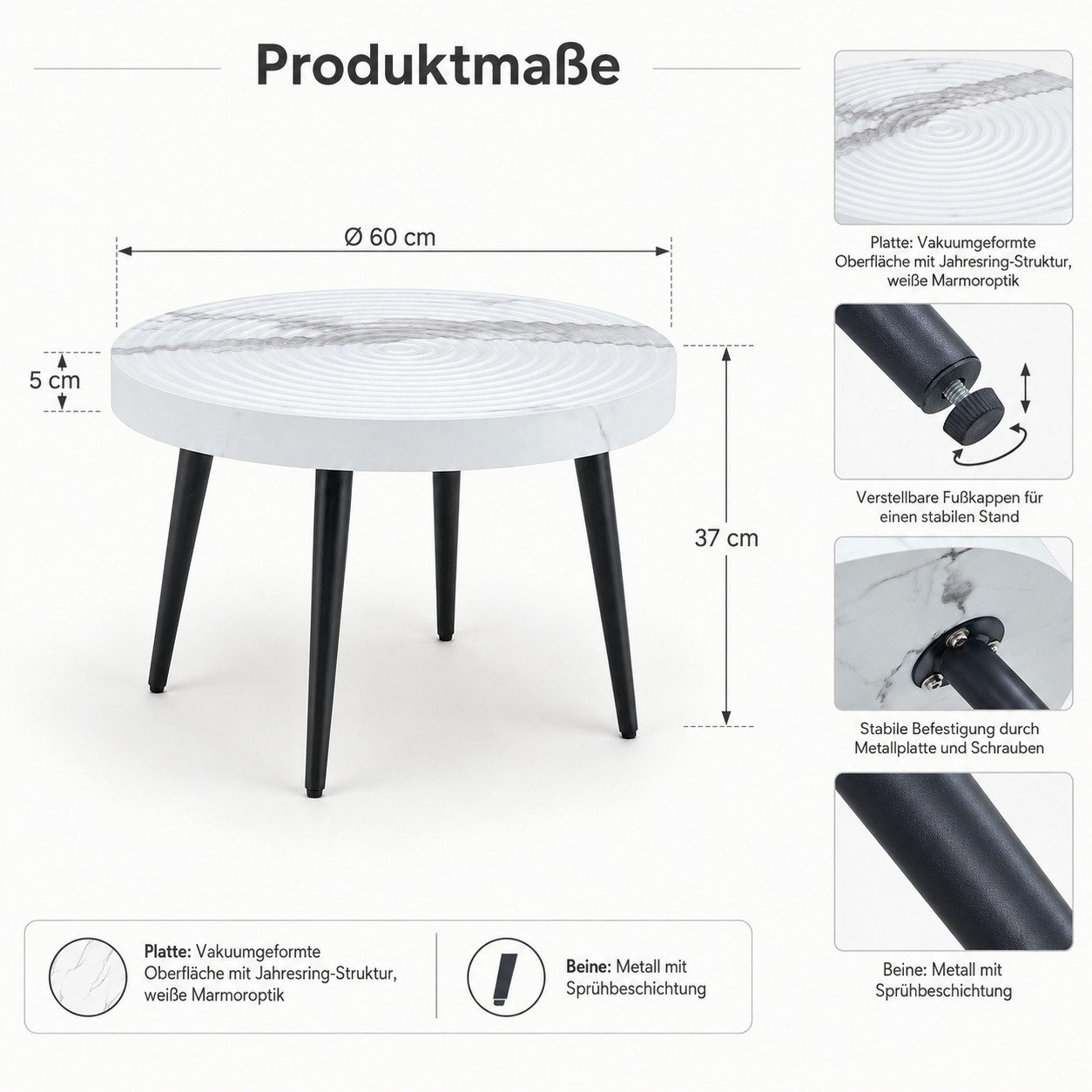 Celya Couchtisch Moderner runder Beistelltisch mit 5cm starker Tischplatte (mit Metallfüßen, vielseitig einsetzbar für Wohnzimmer, Café und Büro)