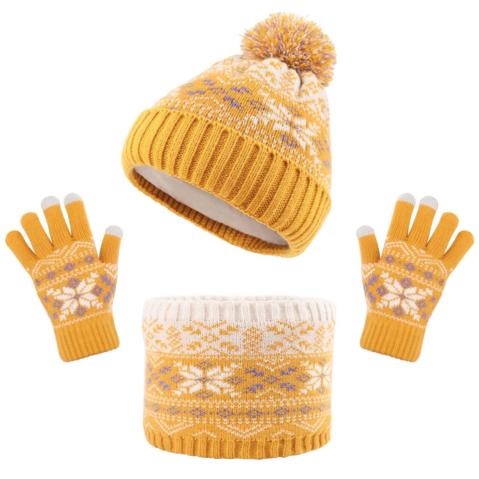 POCHUMIDUU Strickmütze Kinder Wintermütze Schal Handschuhe Set (1-St) für Kinder Jungen Mädchen 2-6 Jahre gelb