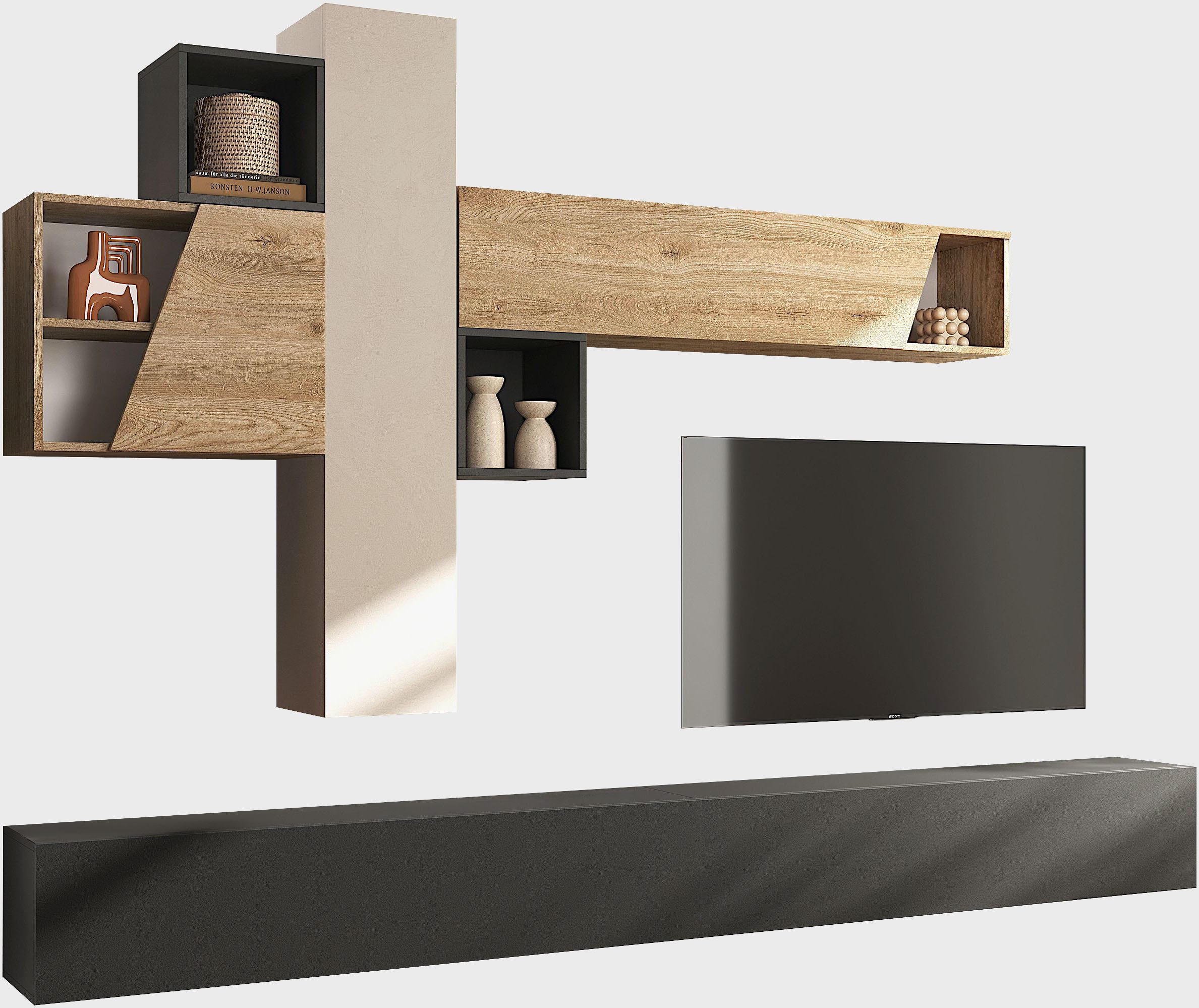 Home affaire Wohnwand Infinity, 6tlg. Breite 276 cm, moderne Mediawand, (6-St), (2x Lowboard hängend, Hängewürfel, 2x Hängeschrank, Würfelregal Set)