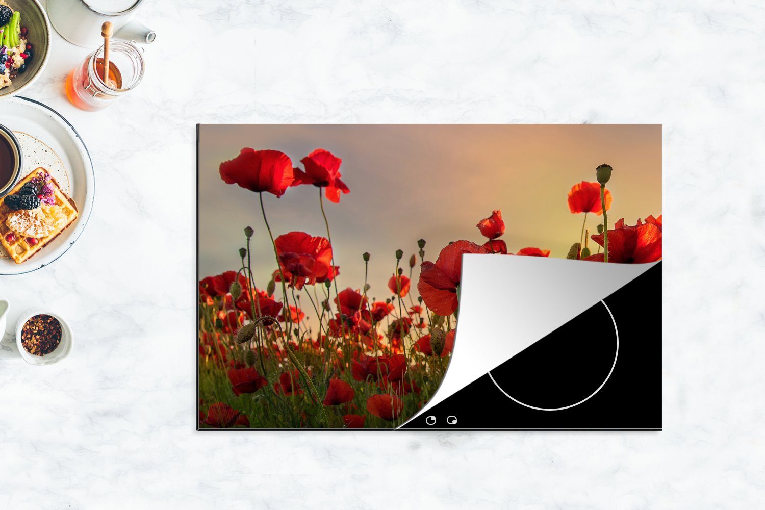 MuchoWow Herdblende-/Abdeckplatte Blumen - Rosen für Schutz (1 Vinyl, cm, 81x52 küche, tlg), die Rot, Ceranfeldabdeckung Induktionskochfeld 