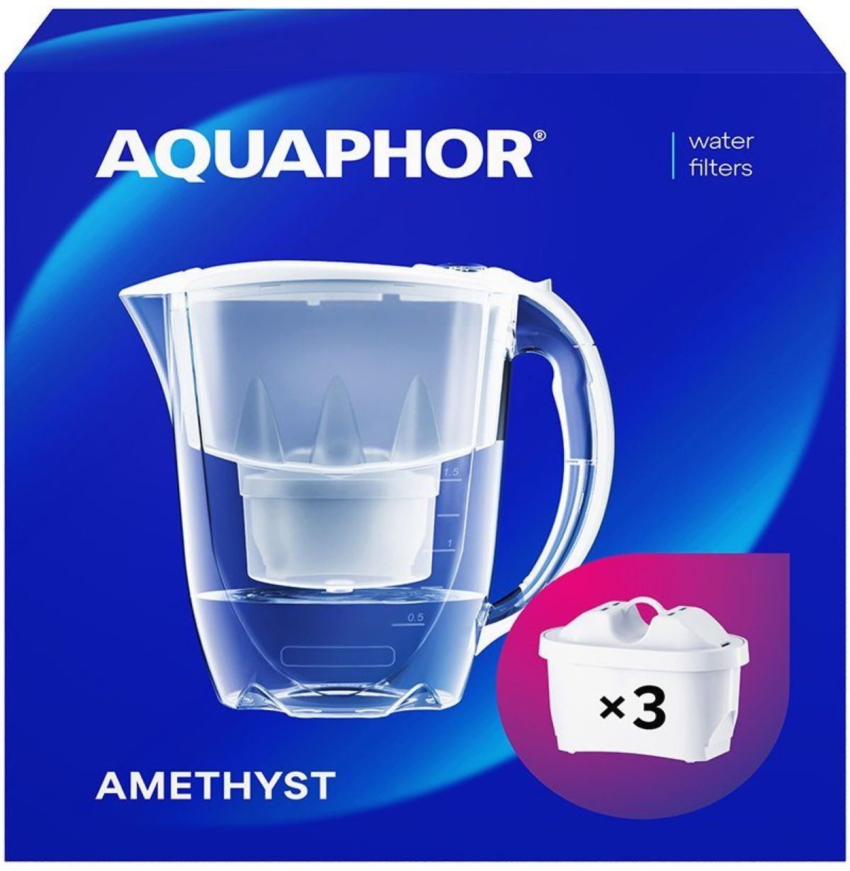 AQUAPHOR Wasserfilter SET Amethyst weiß inkl. 3 Filterkartuschen MAXFOR+, Zubehör für Filterkartuschen MAXFOR+, +H hartes Wasser & MAXFOR+ Mg. Magnesium, 200 l, Reduziert Kalk, Chlor & weiteren Stoffen. BPA frei