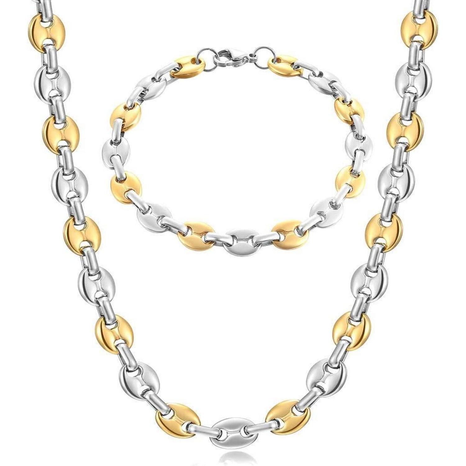 LuxusKollektion Ketten und Armband Set Halskette Herren Edelstahl Kaffeebohne Armband Set Silber Gold 56CM