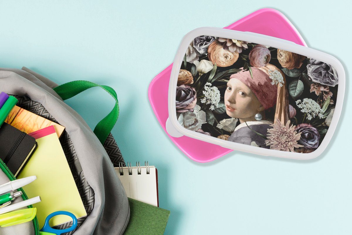 - - Snackbox, für Kunstwerk mit Mädchen, Lunchbox Blumen Brotbox Vermeer - - Kunststoff Mädchen Perlenohrring Kinder, MuchoWow (2-tlg), rosa Erwachsene, -, Kunststoff, Pastell Brotdose