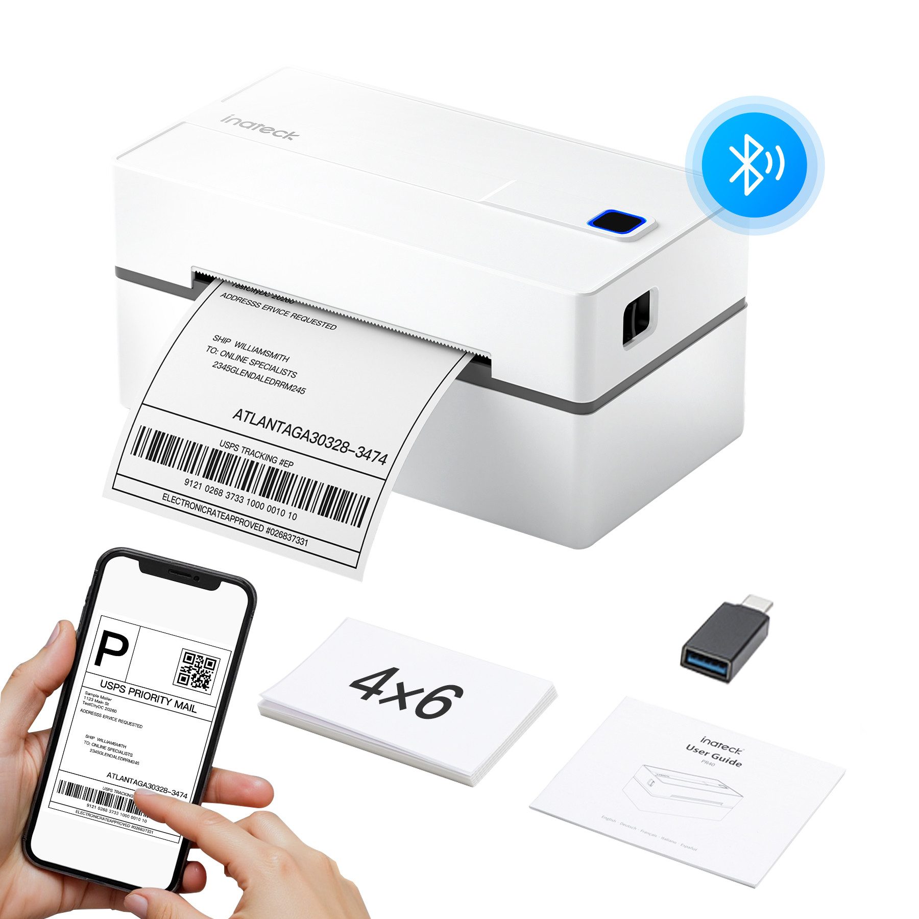 Inateck Bluetooth Thermo-Etikettendrucker, 4x6 Versandetikettendrucker Etikettendrucker, (Kompatibel mit iPhone, Android, iPad, Windows, MacOS, Chrome, USPS)