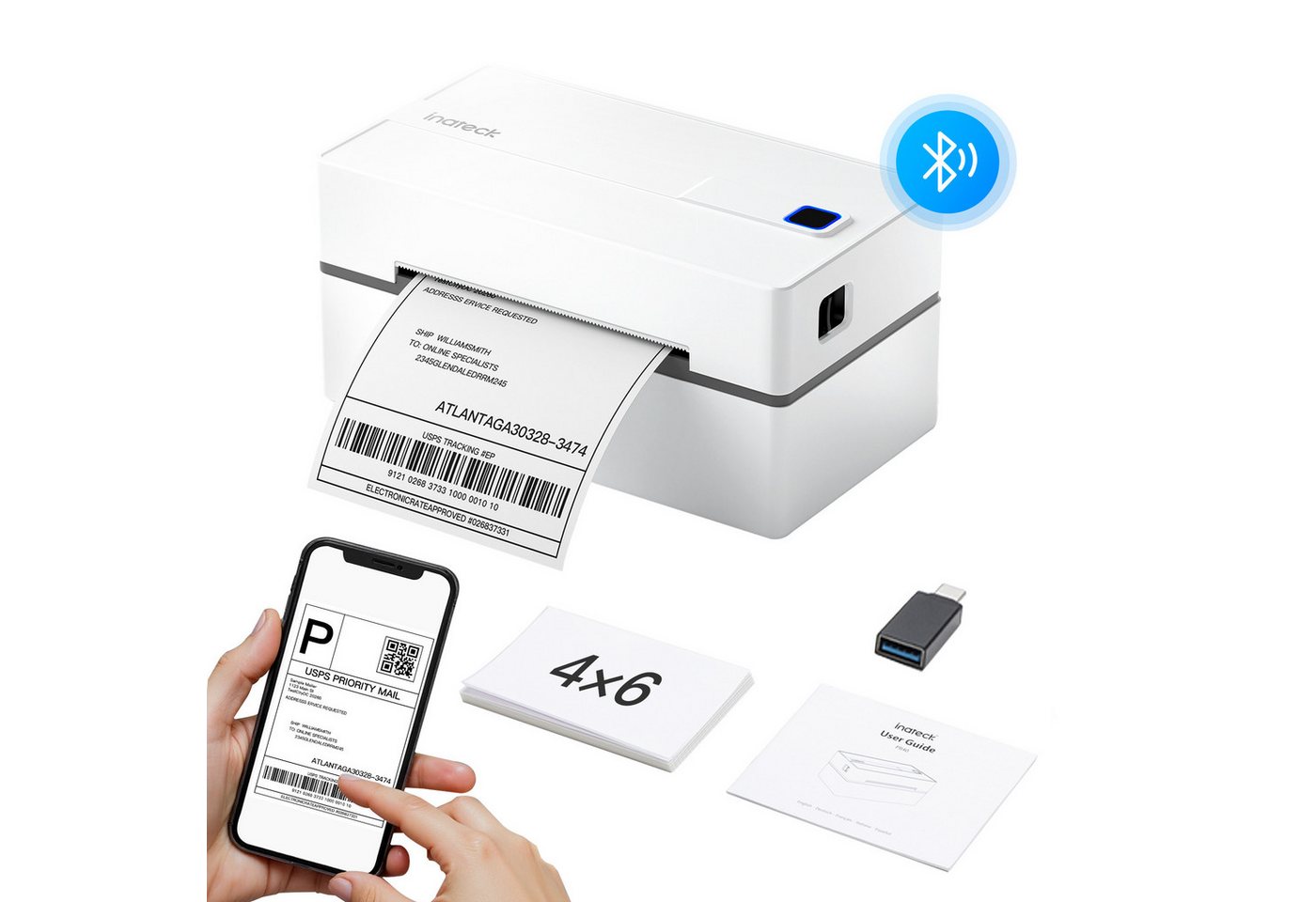 Inateck Bluetooth Thermo-Etikettendrucker, 4x6 Versandetikettendrucker Etikettendrucker, (Kompatibel mit iPhone, Android, iPad, Windows, MacOS, Chrome, USPS)