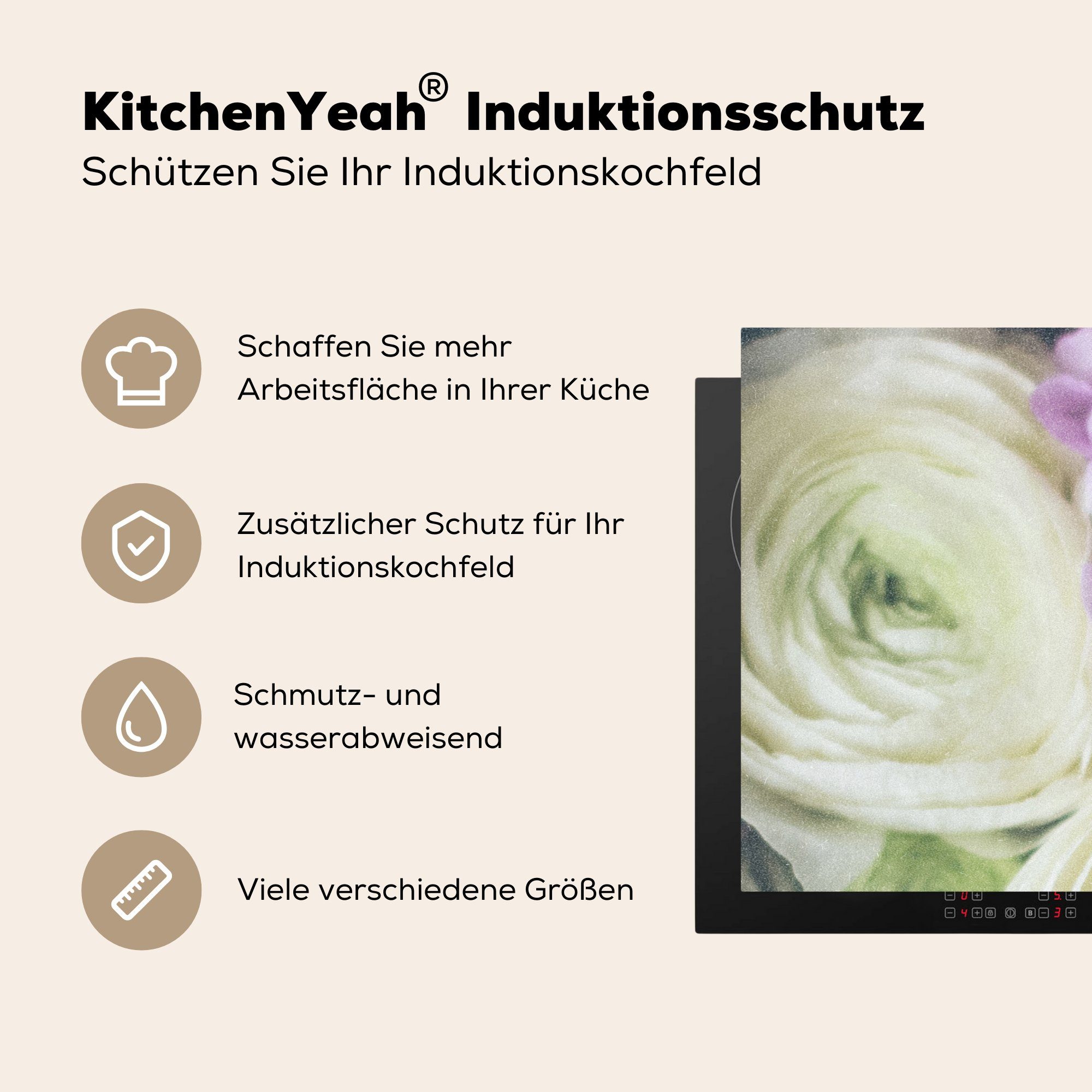 MuchoWow Herdblende-/Abdeckplatte Blumen - küche, Schutz die Ceranfeldabdeckung Rosen 81x52 für - Vinyl, cm, (1 Induktionskochfeld tlg), Natur