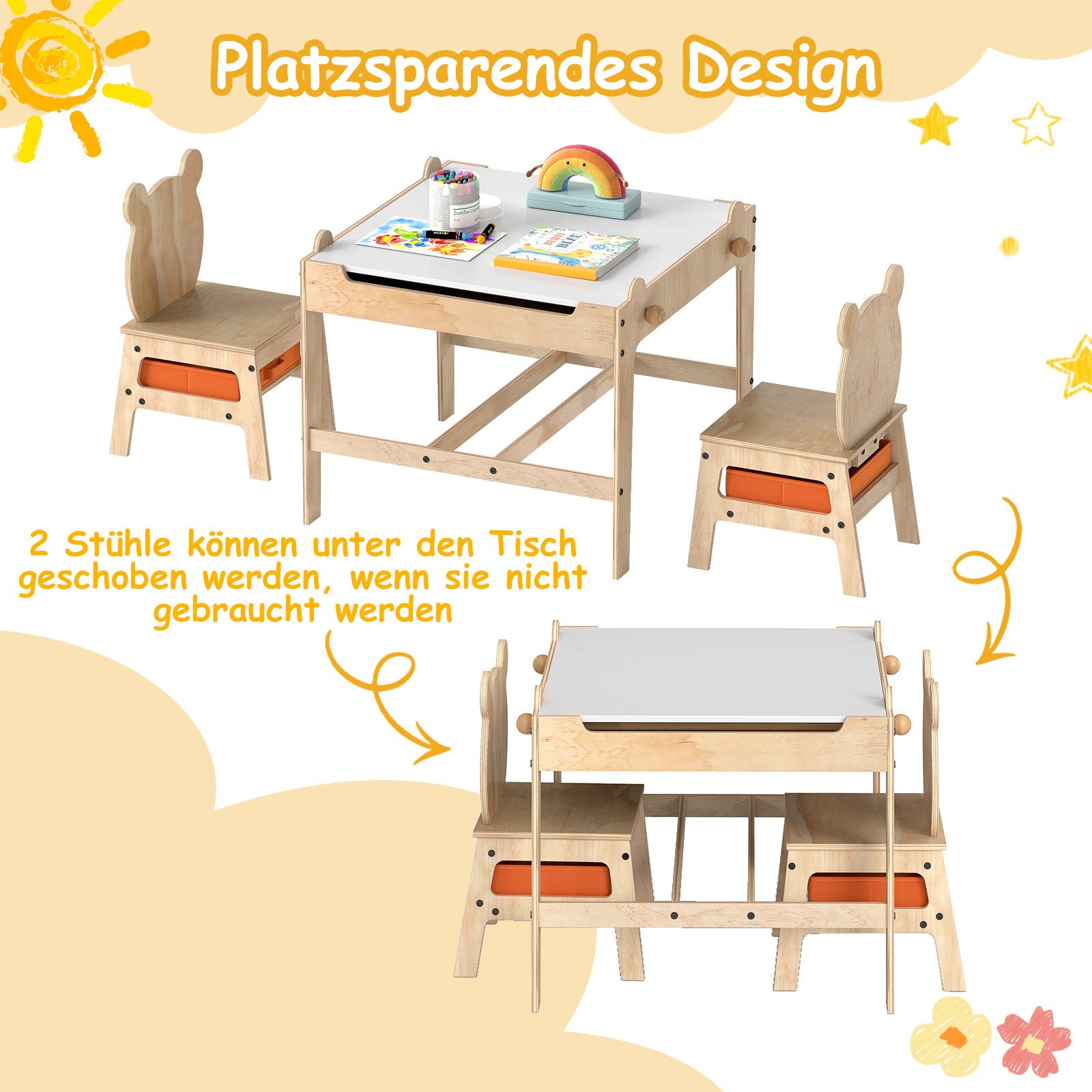 COSTWAY Kindersitzgruppe, Kindertisch mit 2 Stühlen, 4-in-1 Aktivitätstisch günstig online kaufen