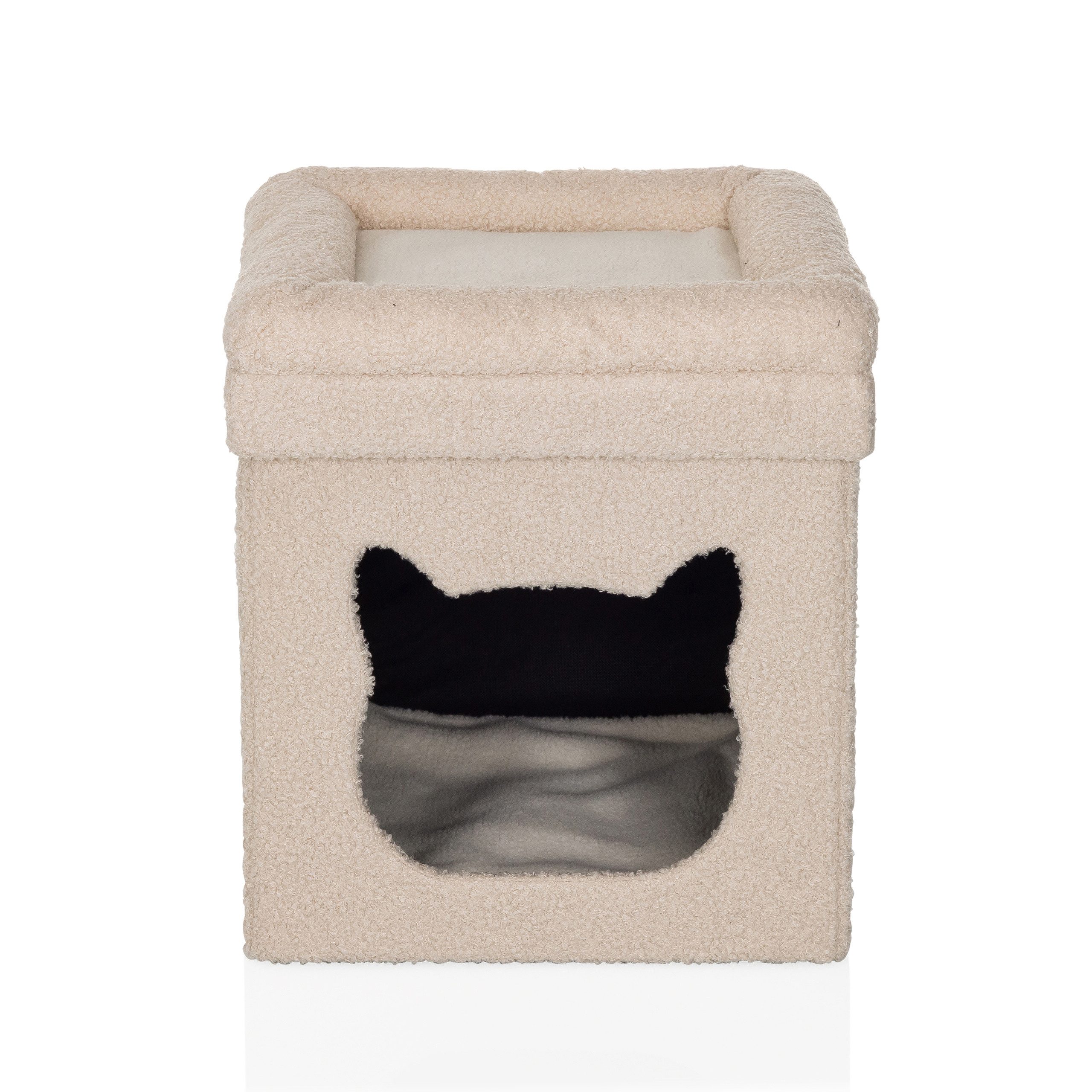 hjh LIVING Tierhaus Katzenhaus PAWY ES Stoff, Faltbares Katzenbett, Robuster Bouclé-Stoff, inkl. Teddy-Kissen