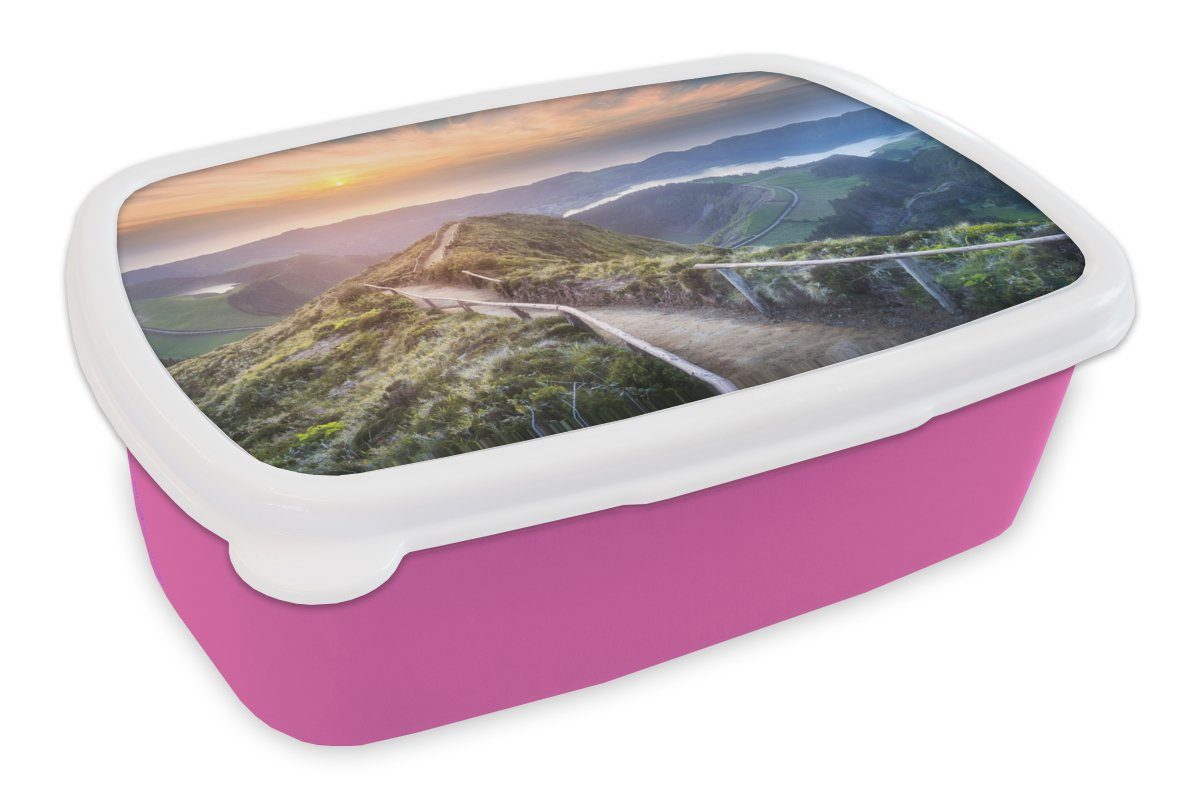 MuchoWow Lunchbox Berge - Sonne - Natur, Kunststoff, (2-tlg), Brotbox für Erwachsene, Brotdose Kinder, Snackbox, Mädchen, Kunststoff rosa