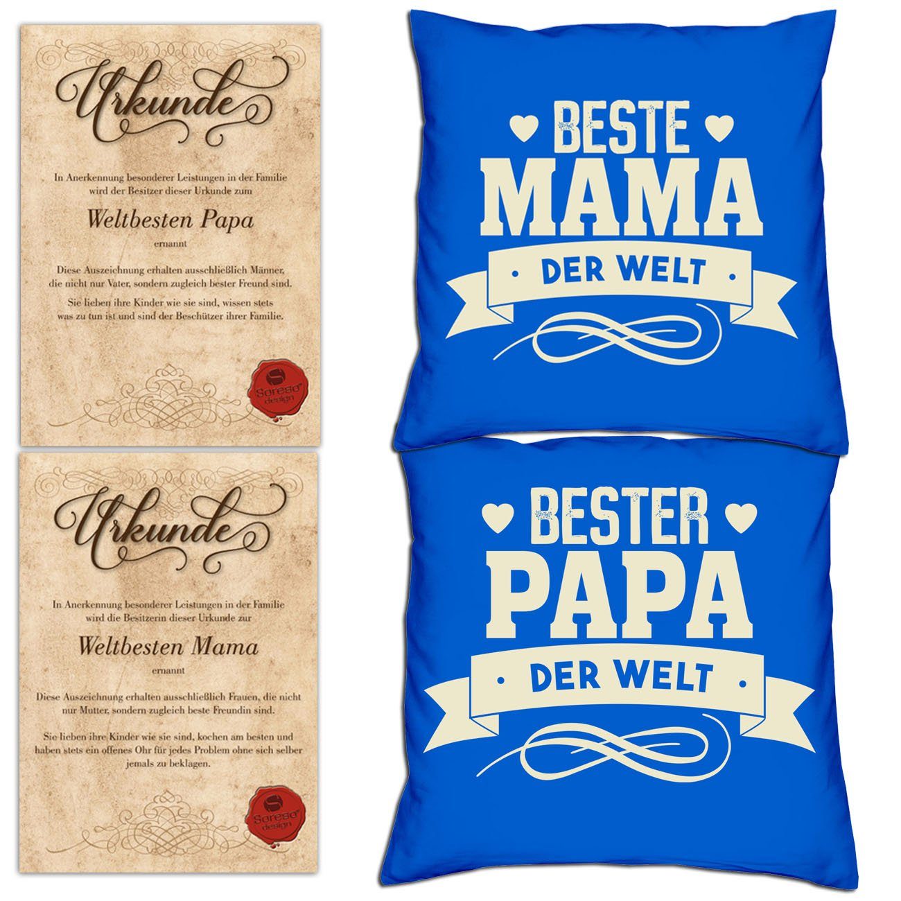 Soreso® Dekokissen Kissen-Set Bester Papa der Welt Beste Mama der Welt mit Urkunden, Weihnachtsgeschenk für Eltern royal-blau | Dekokissen