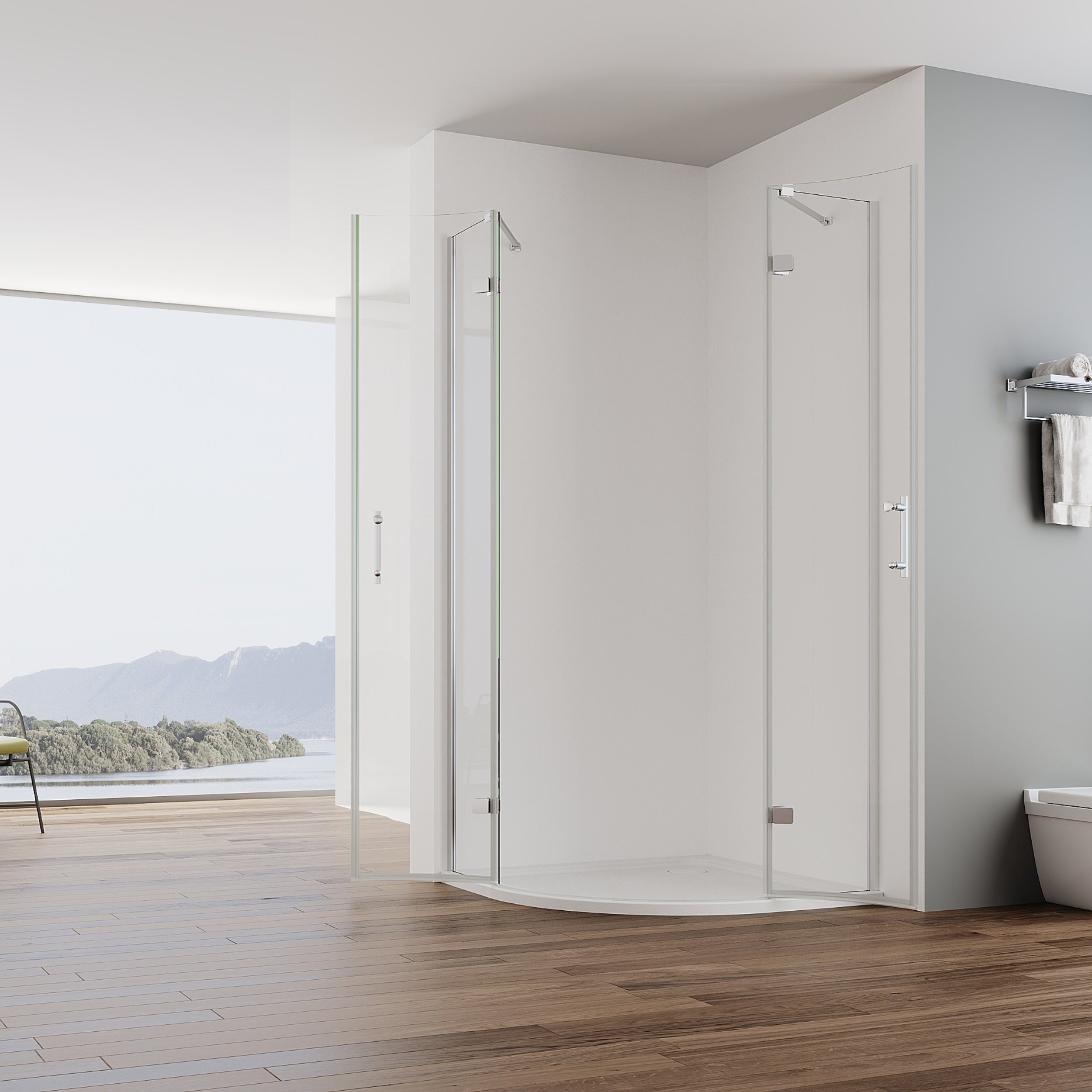 IMPTS Runddusche Duschkabine Viertelkreis Runddusche Duschabtrennung Halbrund Dusche, BxT: 80x80 cm, Sicherheitsglas, Set, Multi-Size, Falttür mit Festteil, Ebenerdiger Einbau möglich, Radius 550 mm Halbkreisdusche Dusche rund Viertelkreis Eckdusche