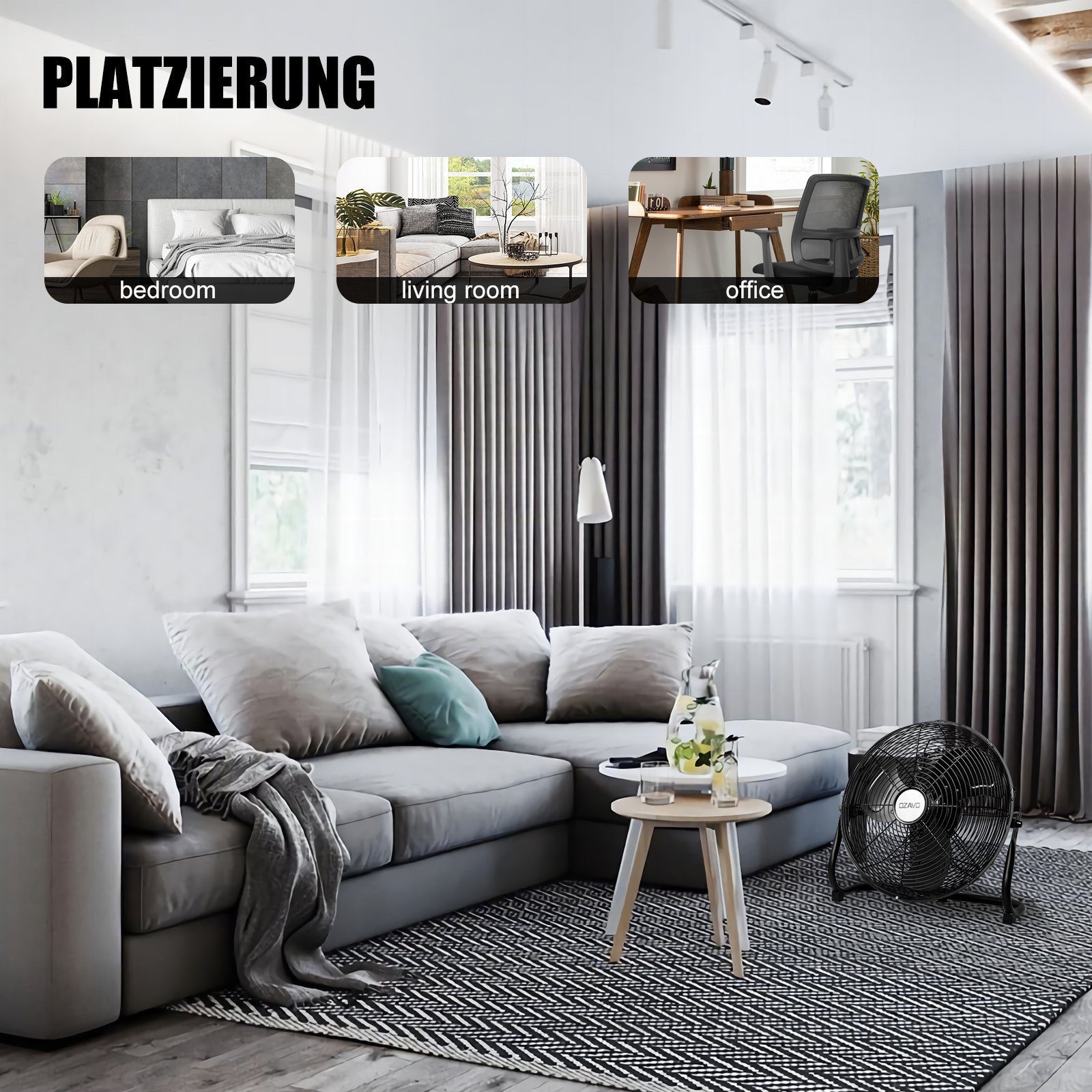 OZAVO Bodenventilator OZ270BK Ø35 45 50 55 cm 3 Stufen und 110° neigbarer, Eisen Windmaschine Lüfter 45/80/100/110W Standventilator Ventilator