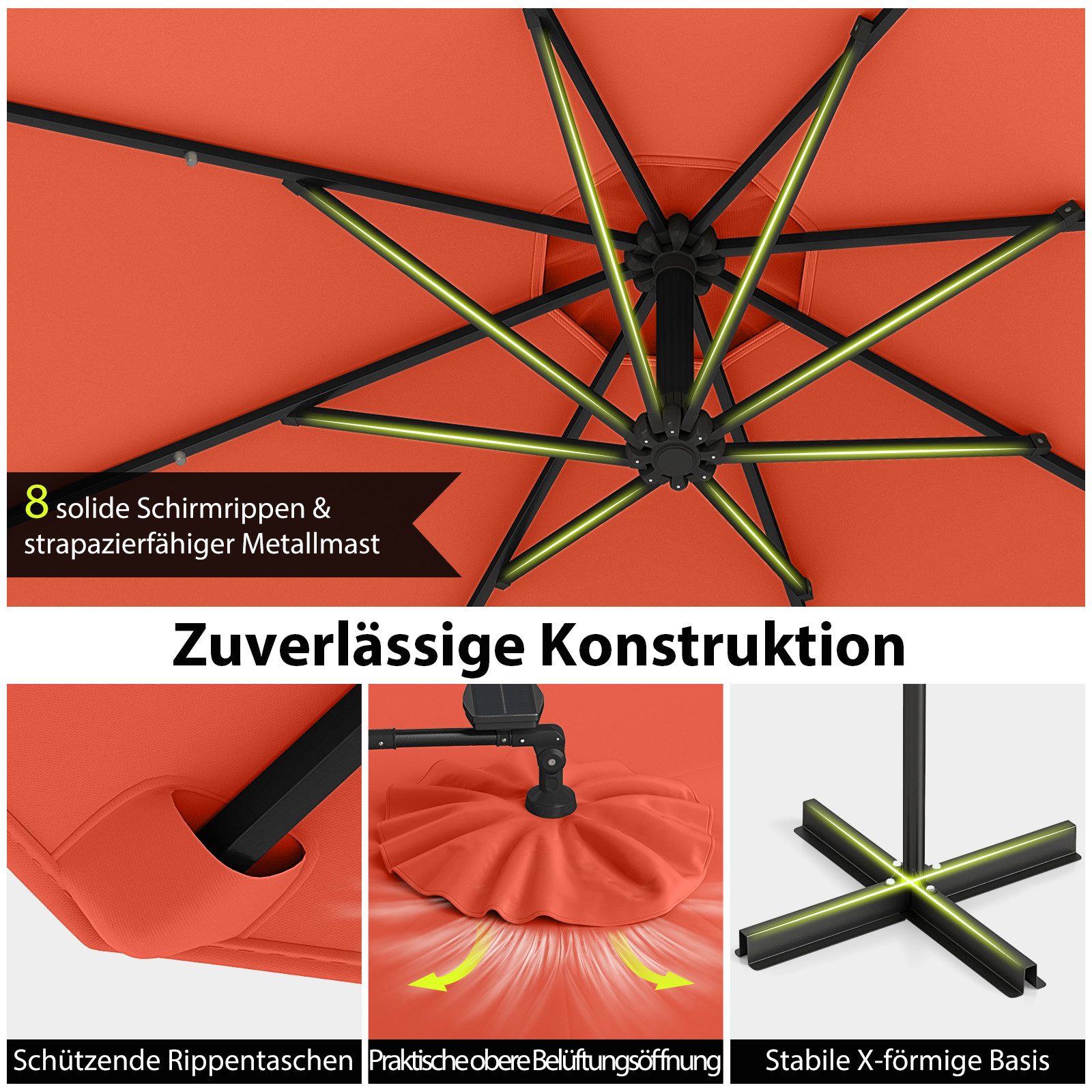 KOMFOTTEU Sonnenschirm mit 32 Solar-LED-Lichtern, höhenverstellbarer & drehbarer Ampelschirm