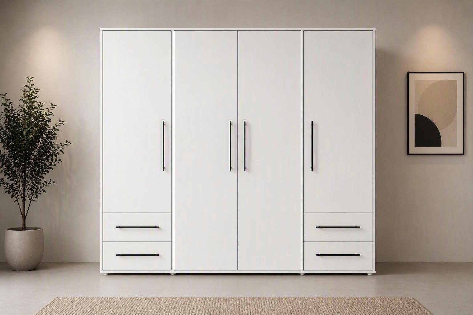 FORTE Kleiderschrank Mokkaris, Garderobe, zeitloses Design, 4 Türen, Made in Europe (B/H/T ca. 206x200x59cm) 4 Schubladen + schwarze Stangengriffe, Made in Europe, viel Stauraum